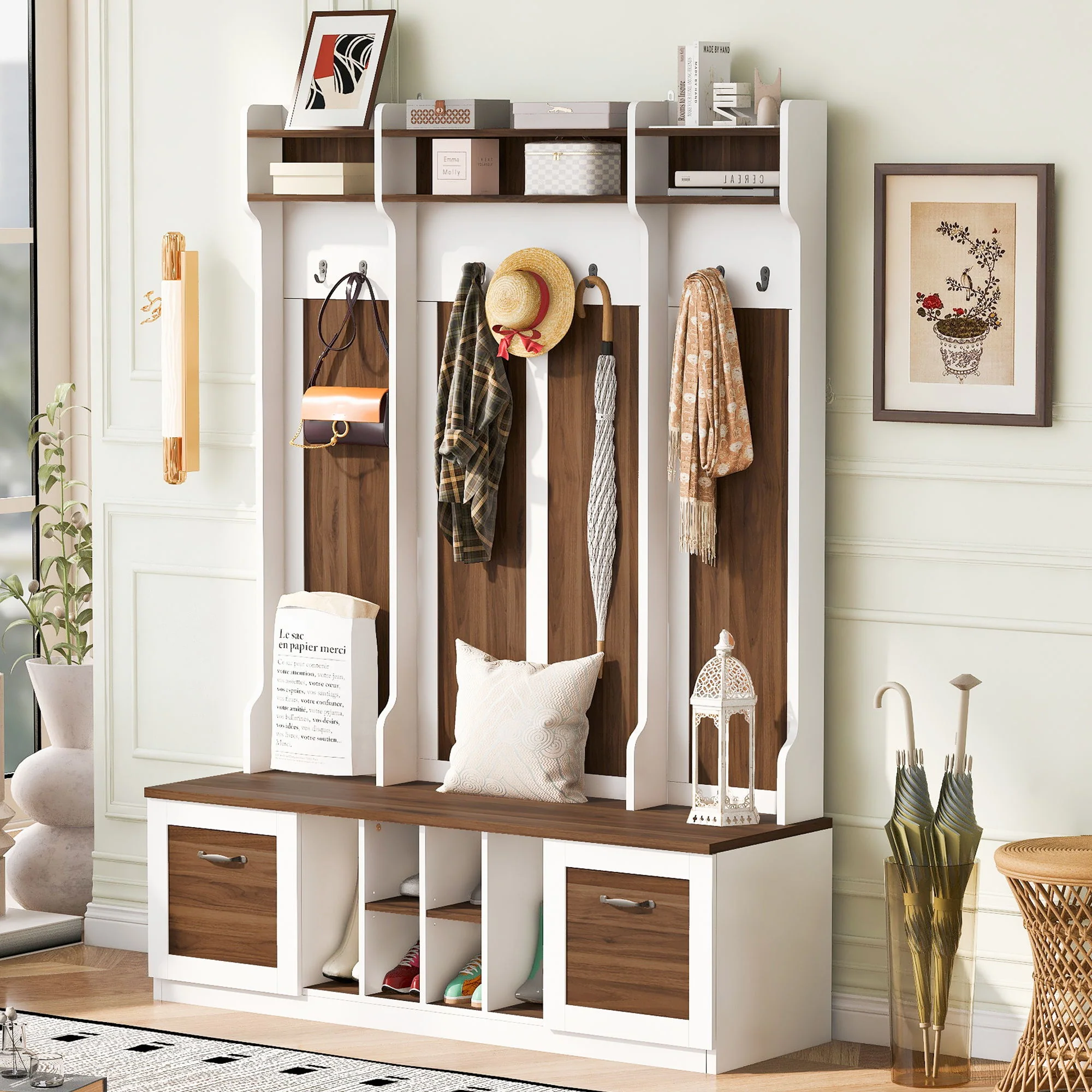 5 In 1 Entryway Bench With Coat Rack, 7 Sturdy Hooks, 2 Spacious Drawers And Adjustable Shelves - Image 7