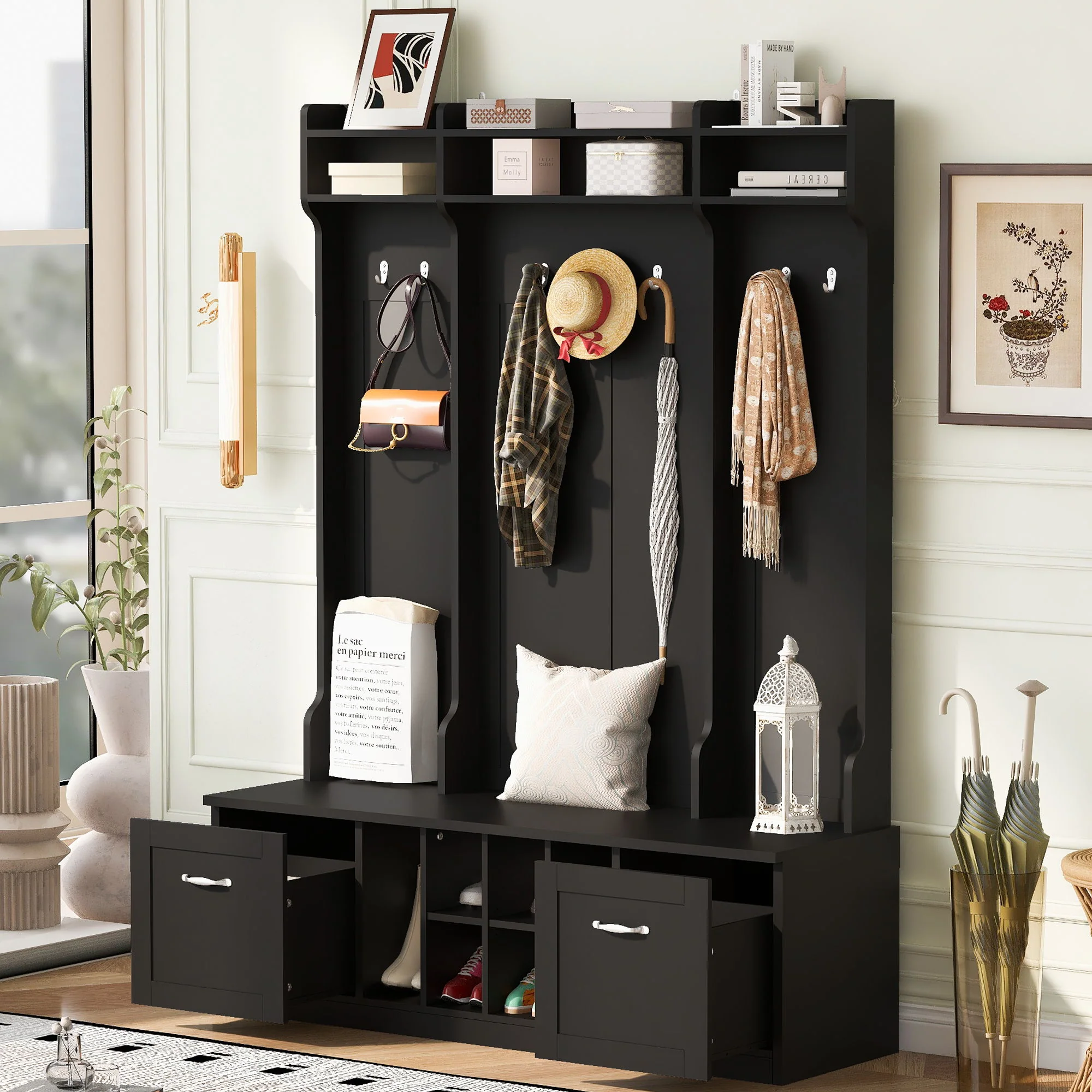 5 In 1 Entryway Bench With Coat Rack, 7 Sturdy Hooks, 2 Spacious Drawers And Adjustable Shelves - Image 9
