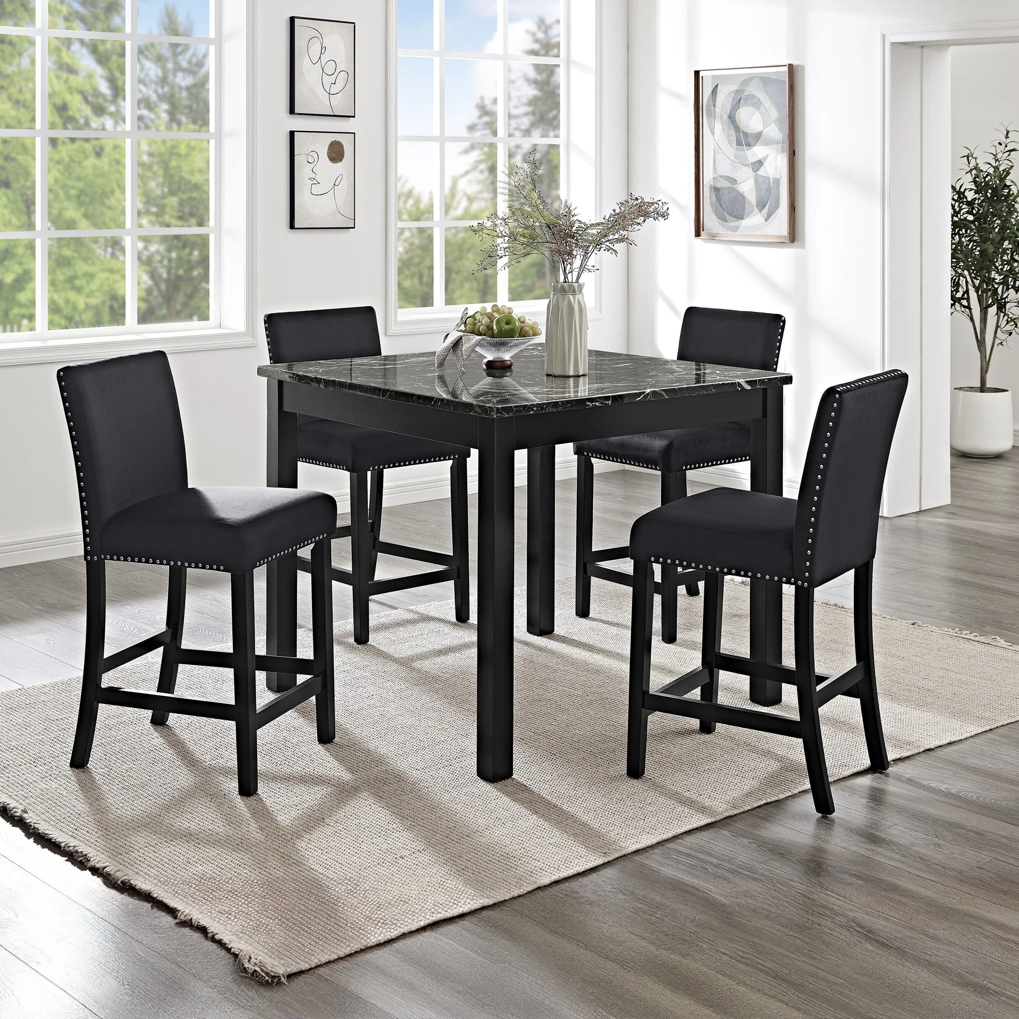 5 Piece Counter Height Dining Set With Table, Tufted Nail Head Chairs - Black - Image 3
