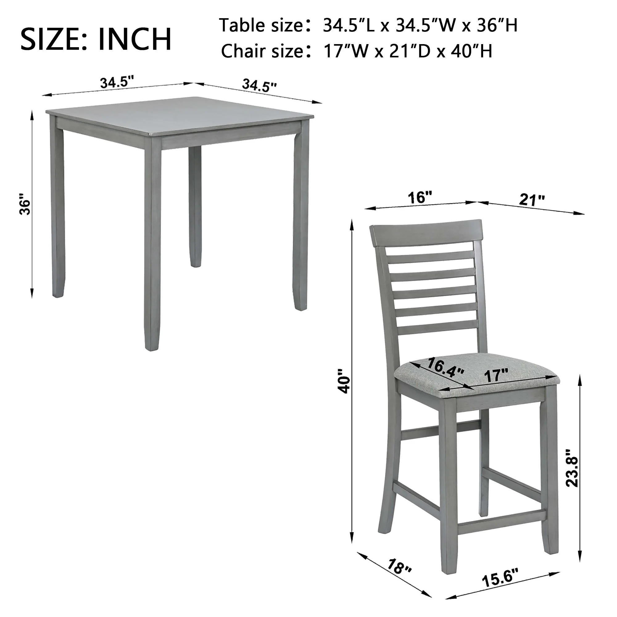 5 Piece Dining Table Set, Wooden Dining Square Table Set For 4, Counter Height Kitchen Table Set With Square Table And 4 Upholstered Chairs - Gray - Image 2