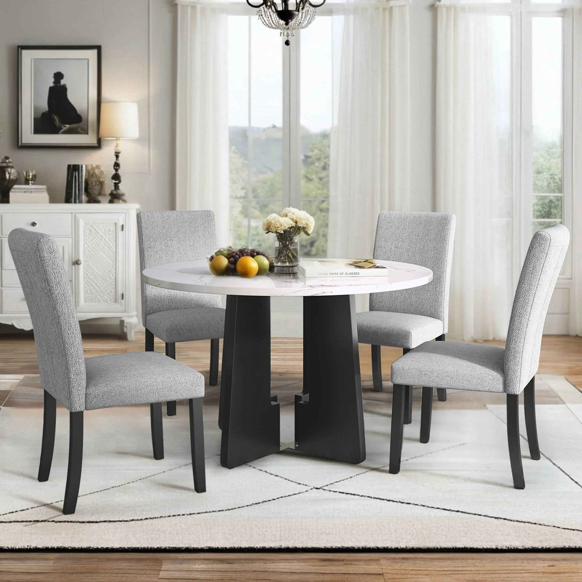 5 Piece Round Dining Table Set, Dining Table And 4 Upholstered Chairs For Dining Room, Kitchen Room, Living Room - White / Gray - Image 3