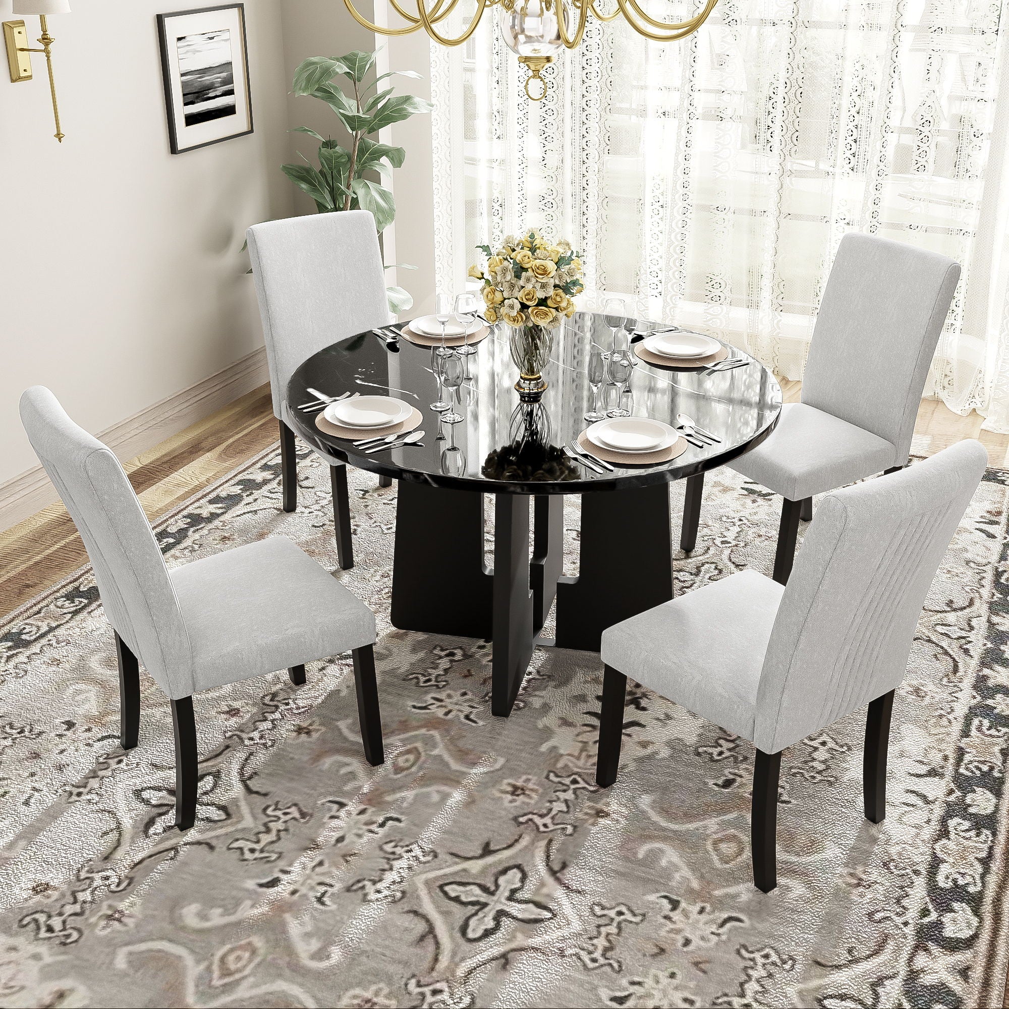 5 Piece Round Dining Table Set, Modern Dining Table And 4 Upholstered Chairs For Dining Room - Image 4
