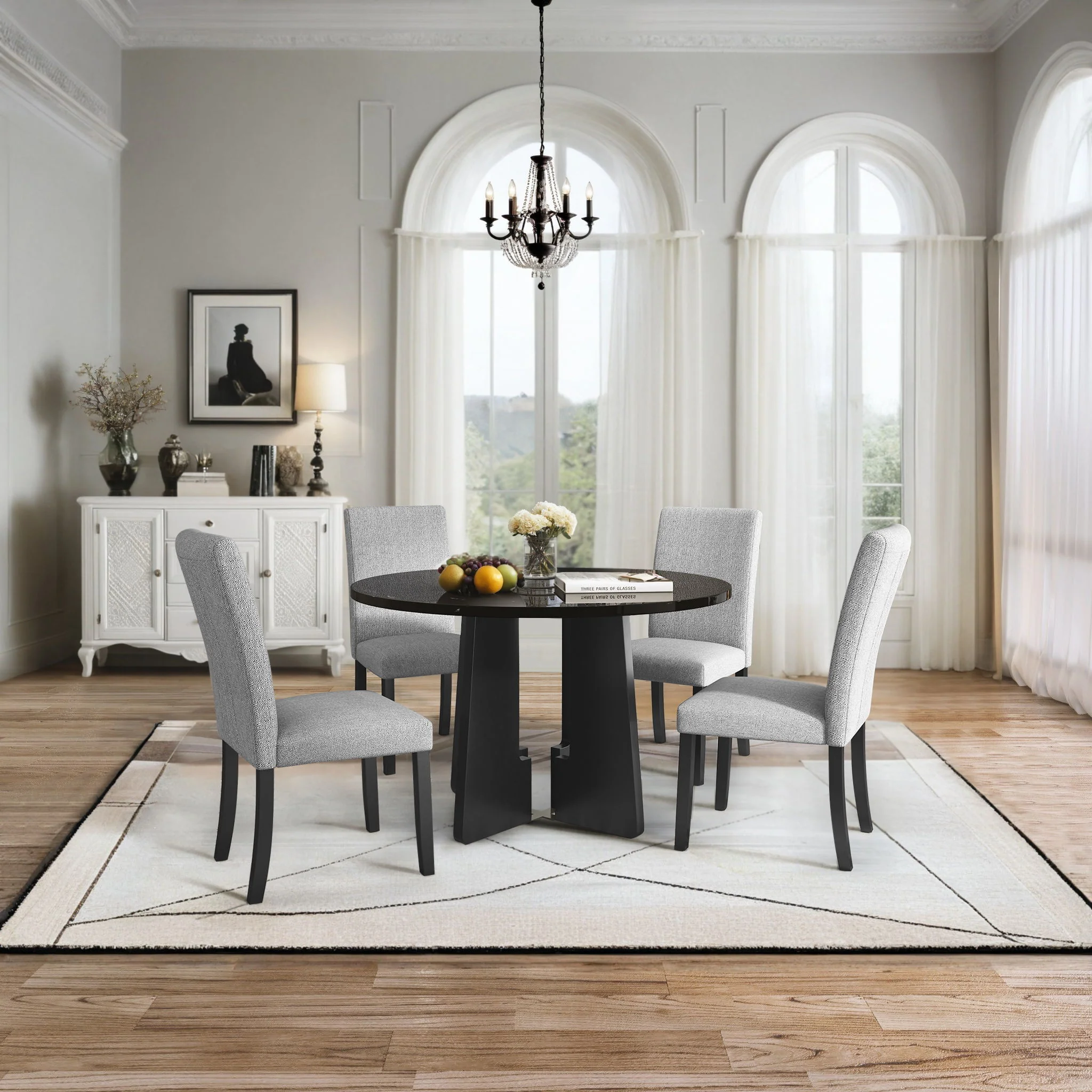 5 Piece Round Dining Table Set, Modern Table And 4 Upholstered Chairs For Dining Room - Image 2