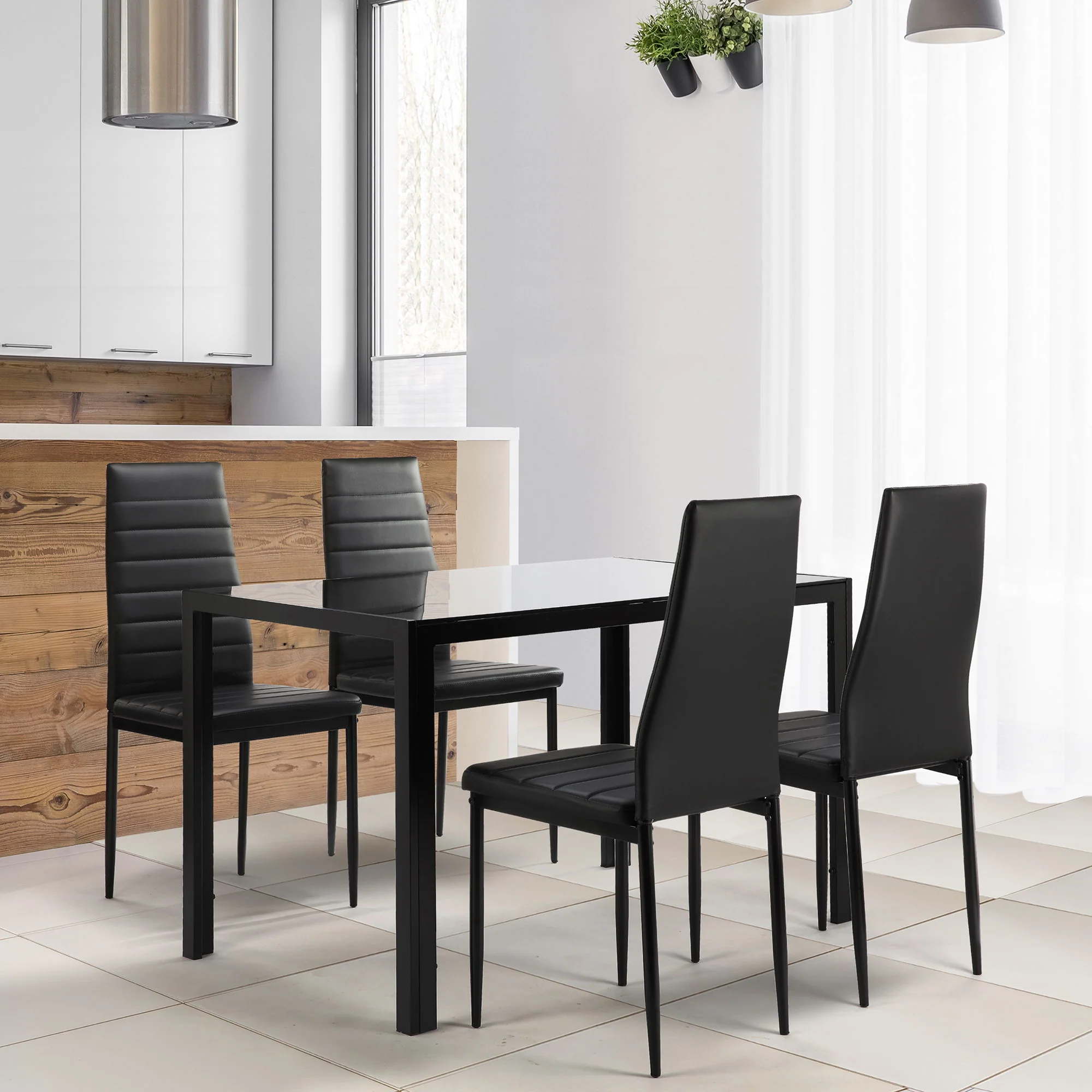 5 Pieces Dining Table Set For 4, Kitchen Room Tempered Glass Dining Table, 4 Faux Leather Chairs - Black - Image 2