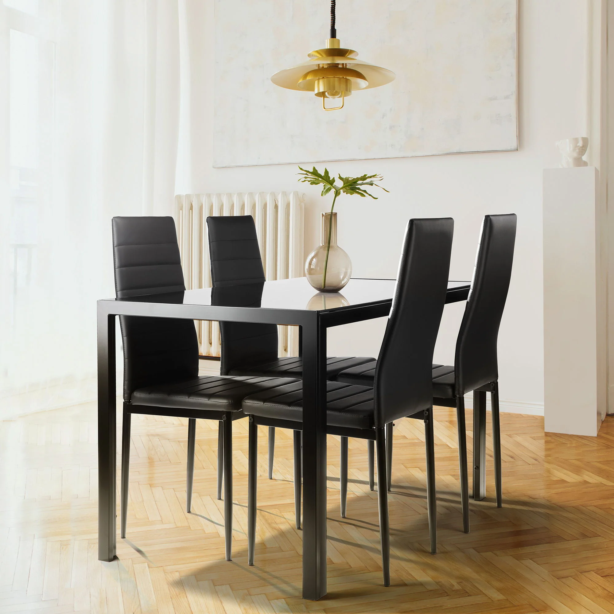 5 Pieces Dining Table Set For 4, Kitchen Room Tempered Glass Dining Table, 4 Faux Leather Chairs - Black - Image 3