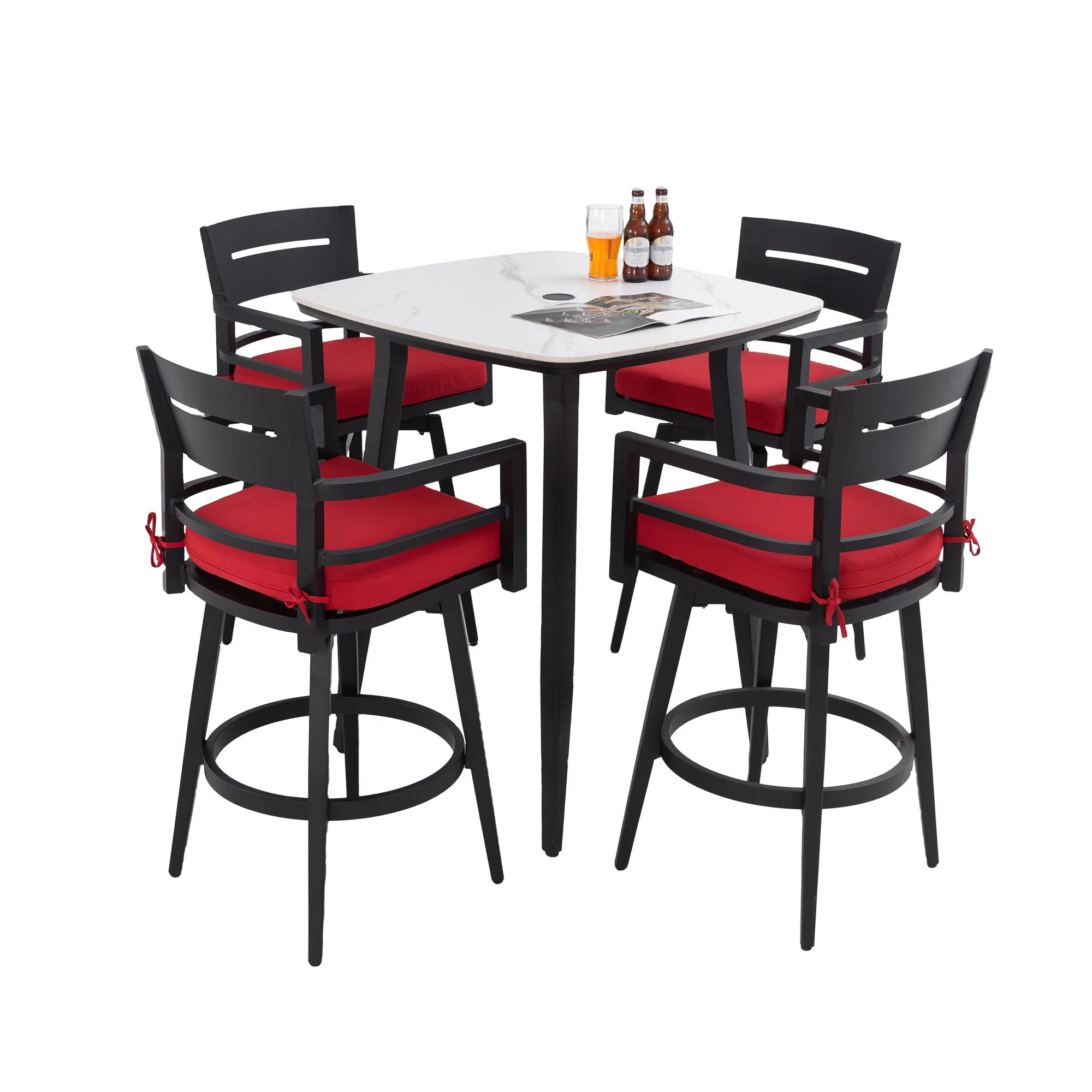 5 Pieces Outdoor Patio Bar Set, Rounded Square Sintered Stone Table & 4 Swivel Bar Chairs - Image 2