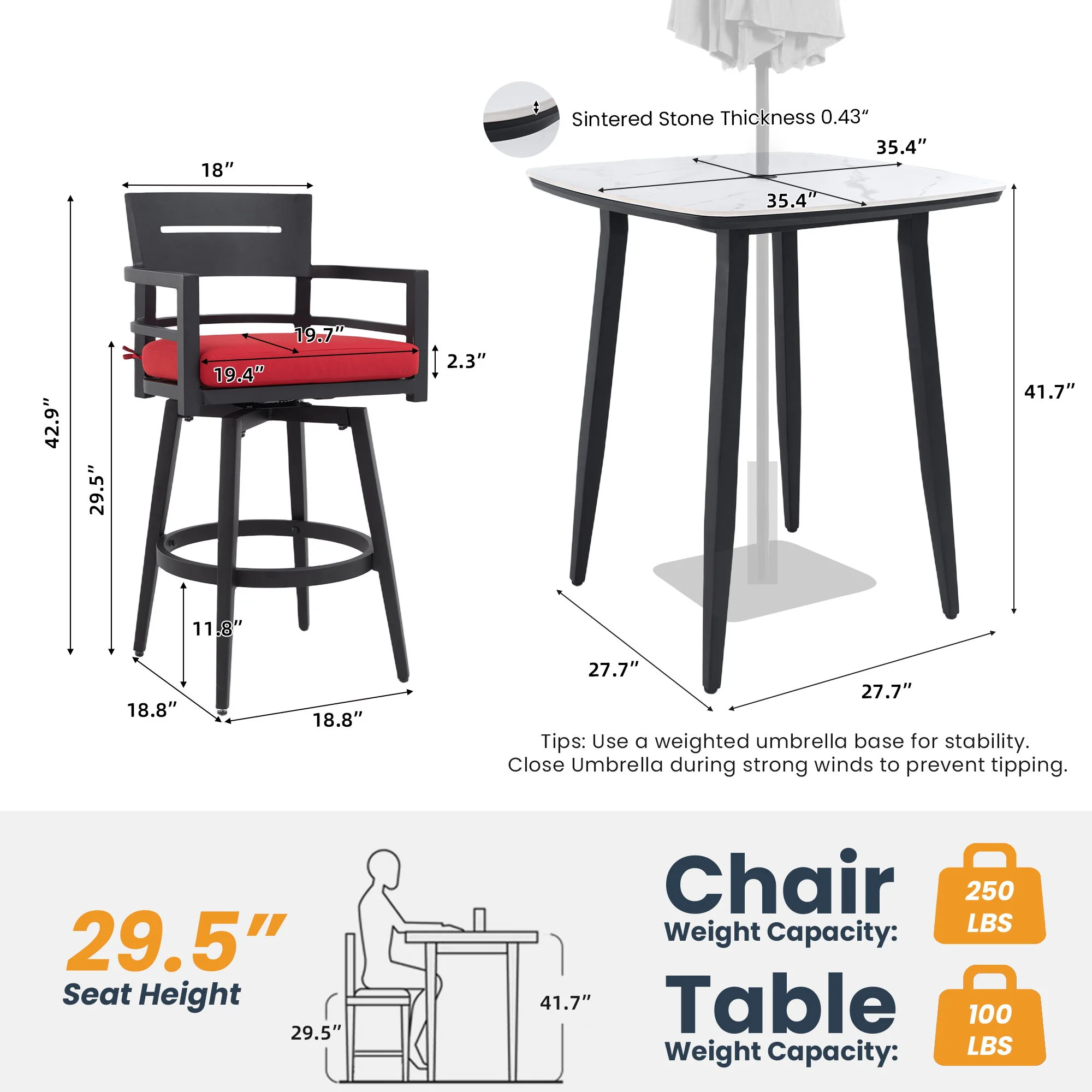 5 Pieces Outdoor Patio Bar Set, Rounded Square Sintered Stone Table & 4 Swivel Bar Chairs - Image 3