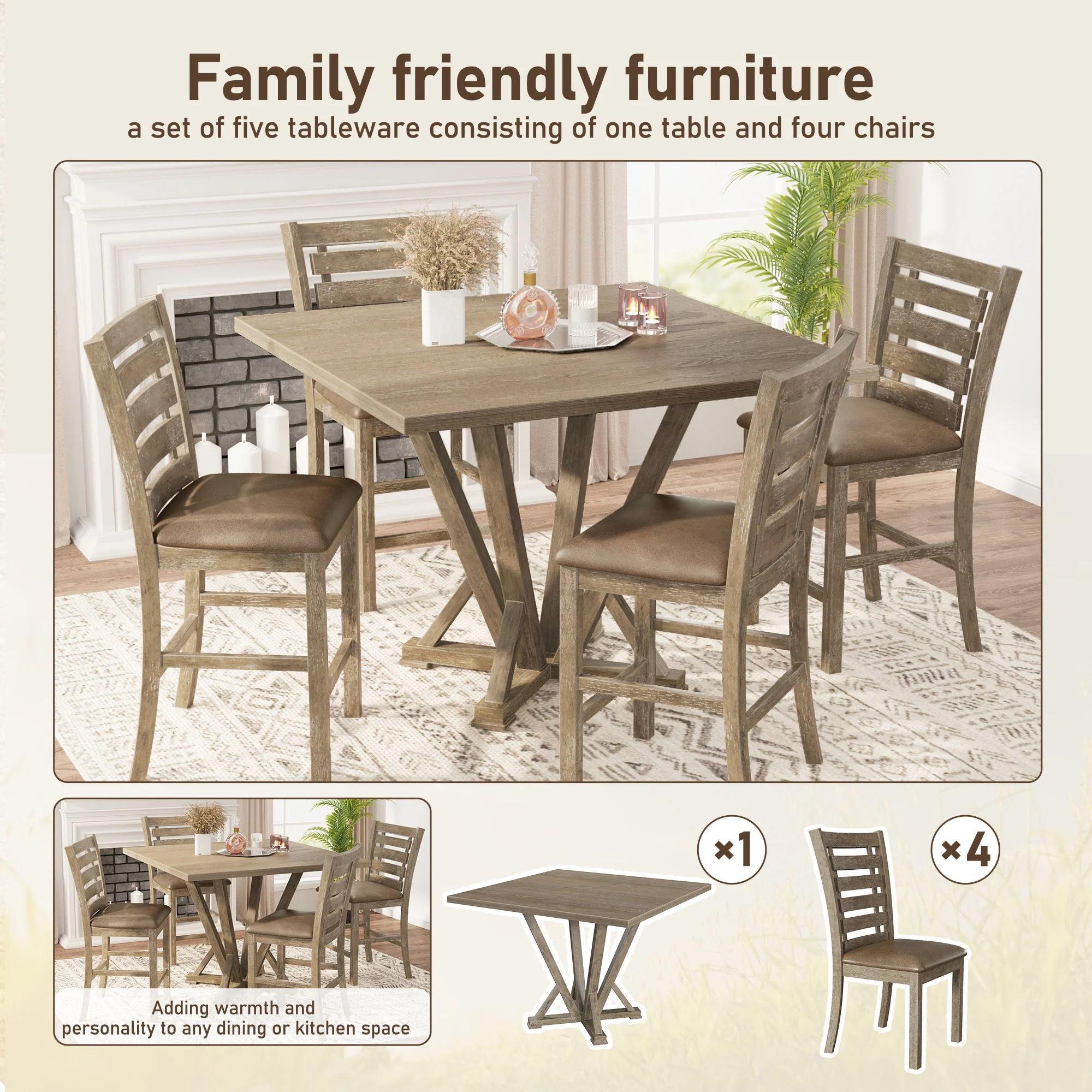 5 Pieces Set Counter Table Set Square Counter Table Solid Wood Modern Farmhouse Rustic Look Distressed Look - Grayish Brown - Image 4