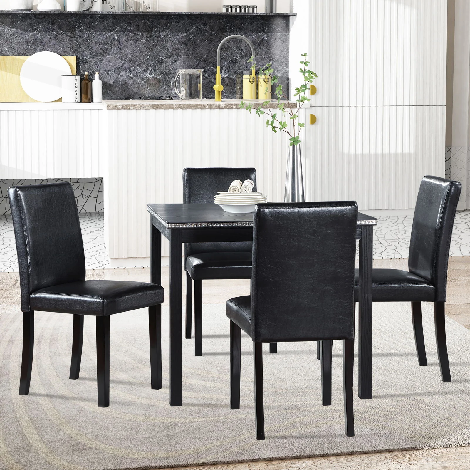 5 Pieces Wooden Dining Table Set, Square Table And 4 Upholstered Chairs - Image 4