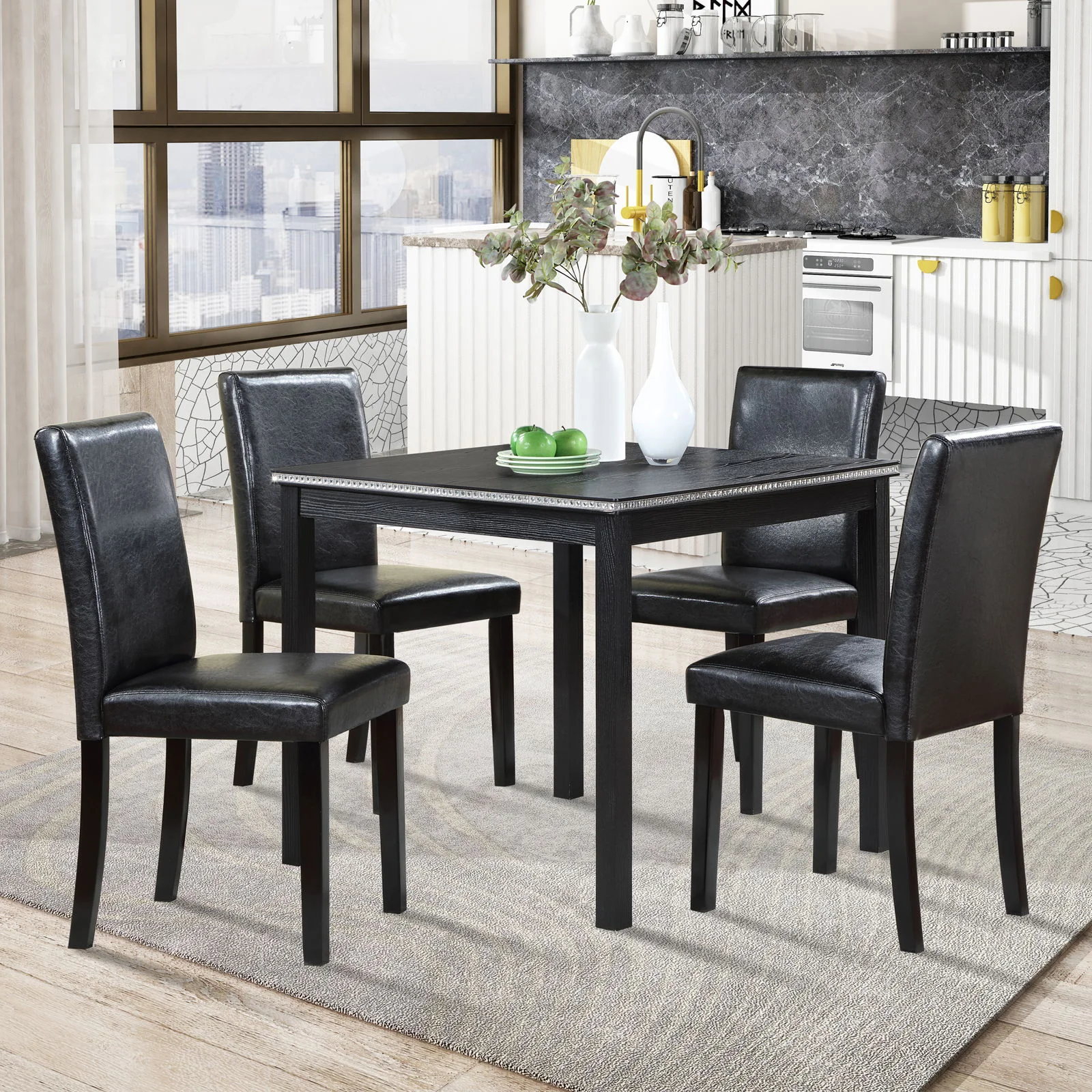 5 Pieces Wooden Dining Table Set, Square Table And 4 Upholstered Chairs - Image 6