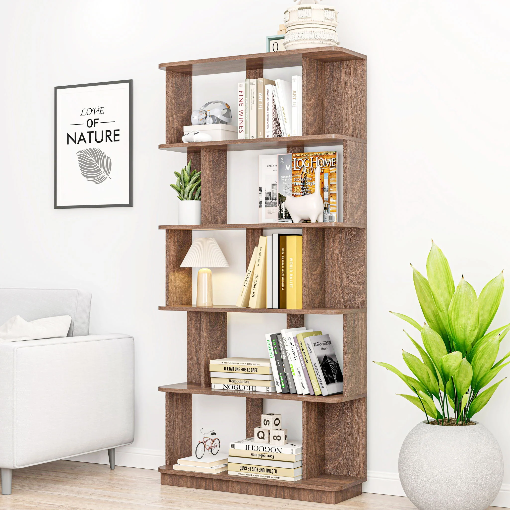 5 Tier Open Bookshelf, Free Combination Storage Shelving For Living Room - Dark Brown - Image 2