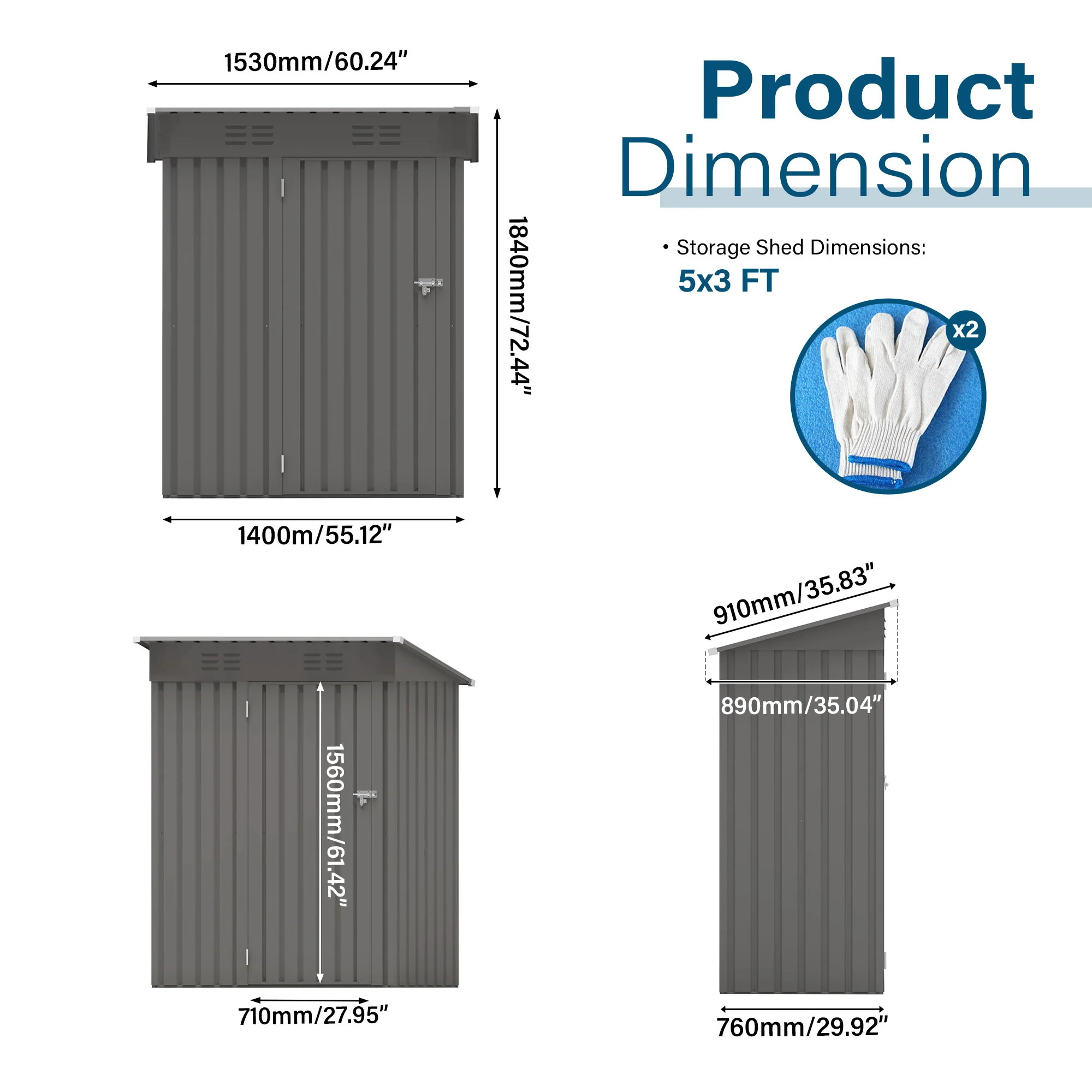 5 X 3 Ft Durable Metal Shed Outdoor Storage Shed With Pitched Roof And Lockable Door - Gray - Image 4