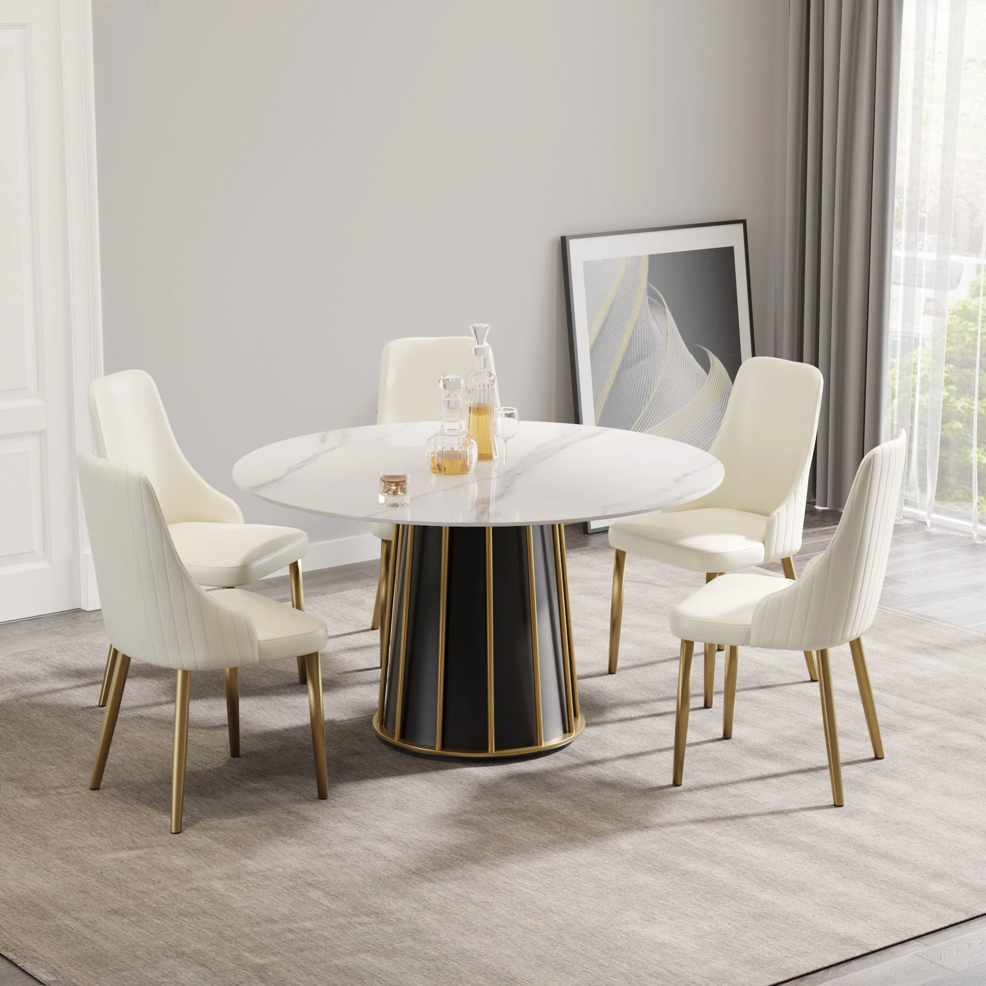 53.15" Modern Artificial Stone Round Panel Metal Iron Base Dining Table, Can Accommodate 6 People, (Not Including Chairs) - White / Black - Image 2