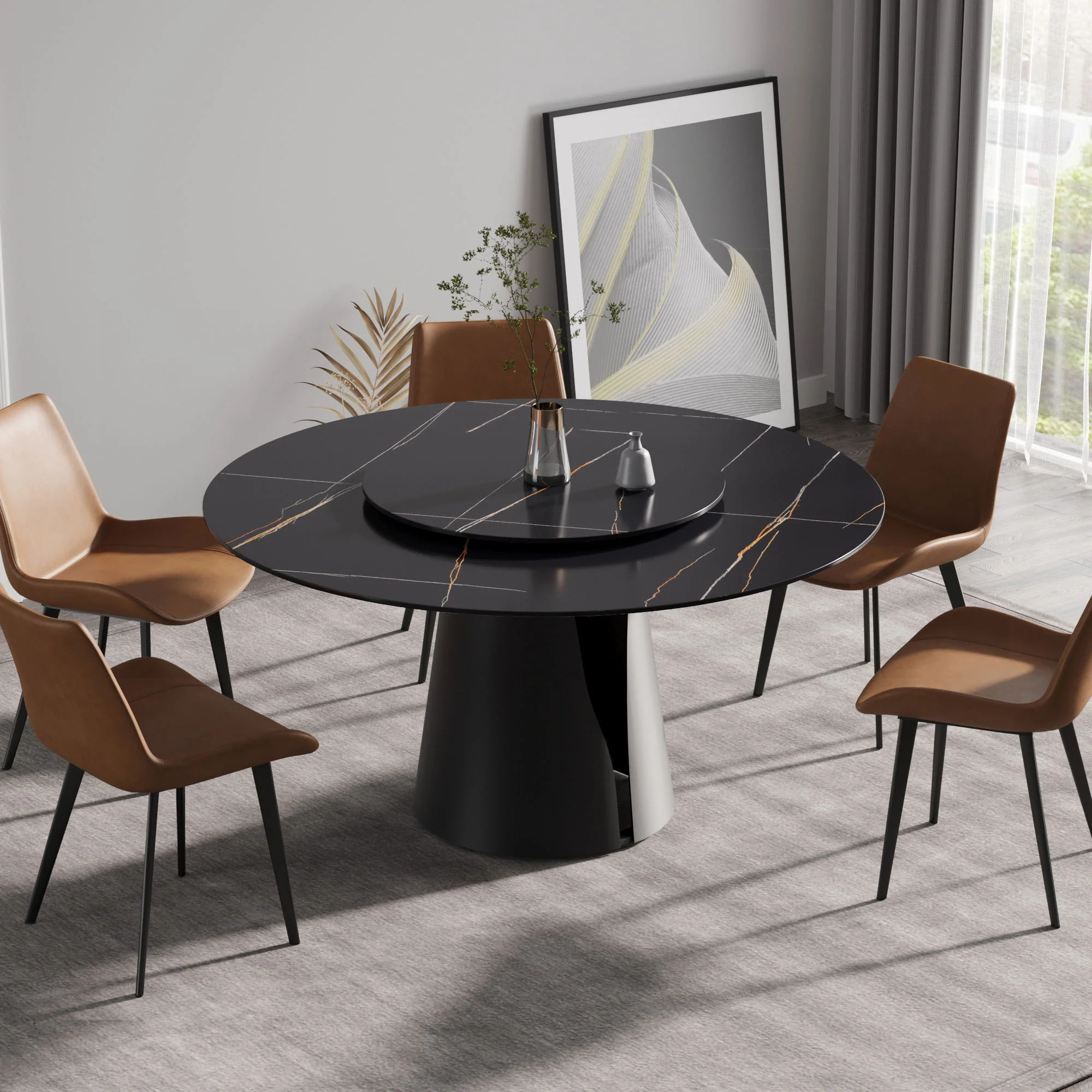 53.15" Round Modern Artificial Stone Carbon Steel Base Dining Table, Can Accommodate 6 People - Black / Gold - Image 2