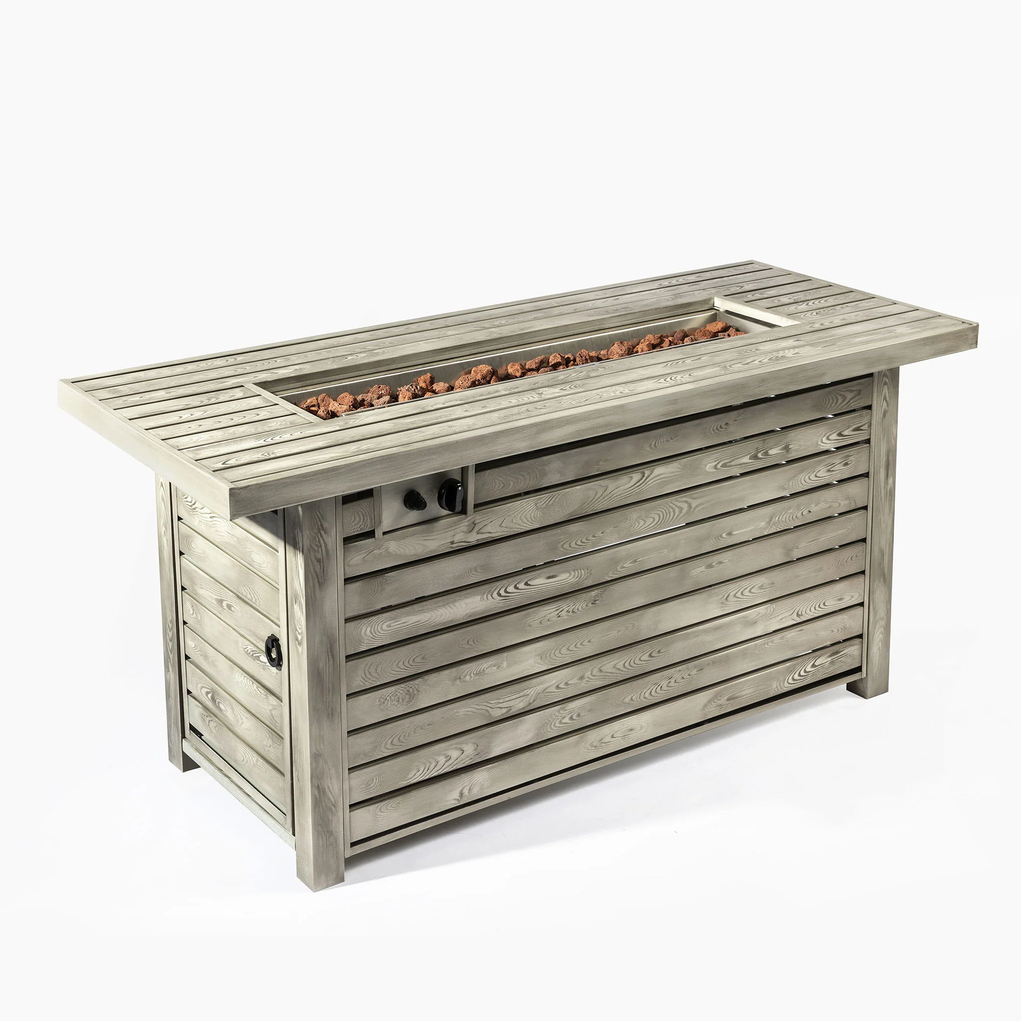 54" Propane Gas Fire Pit Table, 50000 Btu Rectangular Steel Fire Pit With Imitation Wood Grain For Outside Patio Deck Garden Courtyard - Light Beige - Image 3