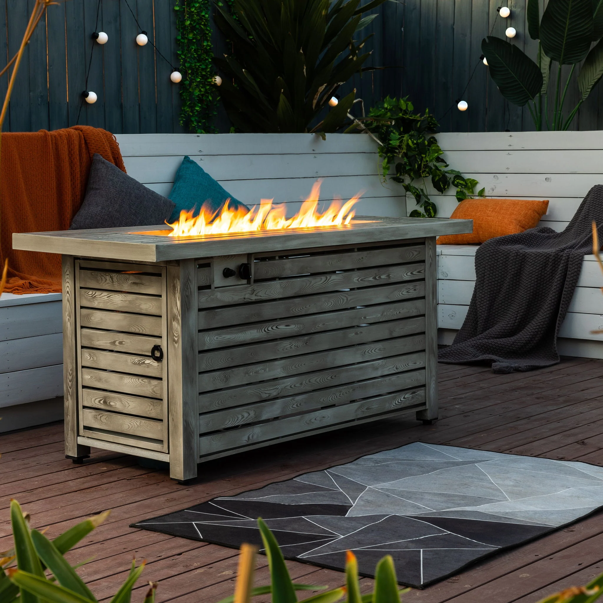 54" Propane Gas Fire Pit Table, 50000 Btu Rectangular Steel Fire Pit With Imitation Wood Grain For Outside Patio Deck Garden Courtyard - Light Beige - Image 4