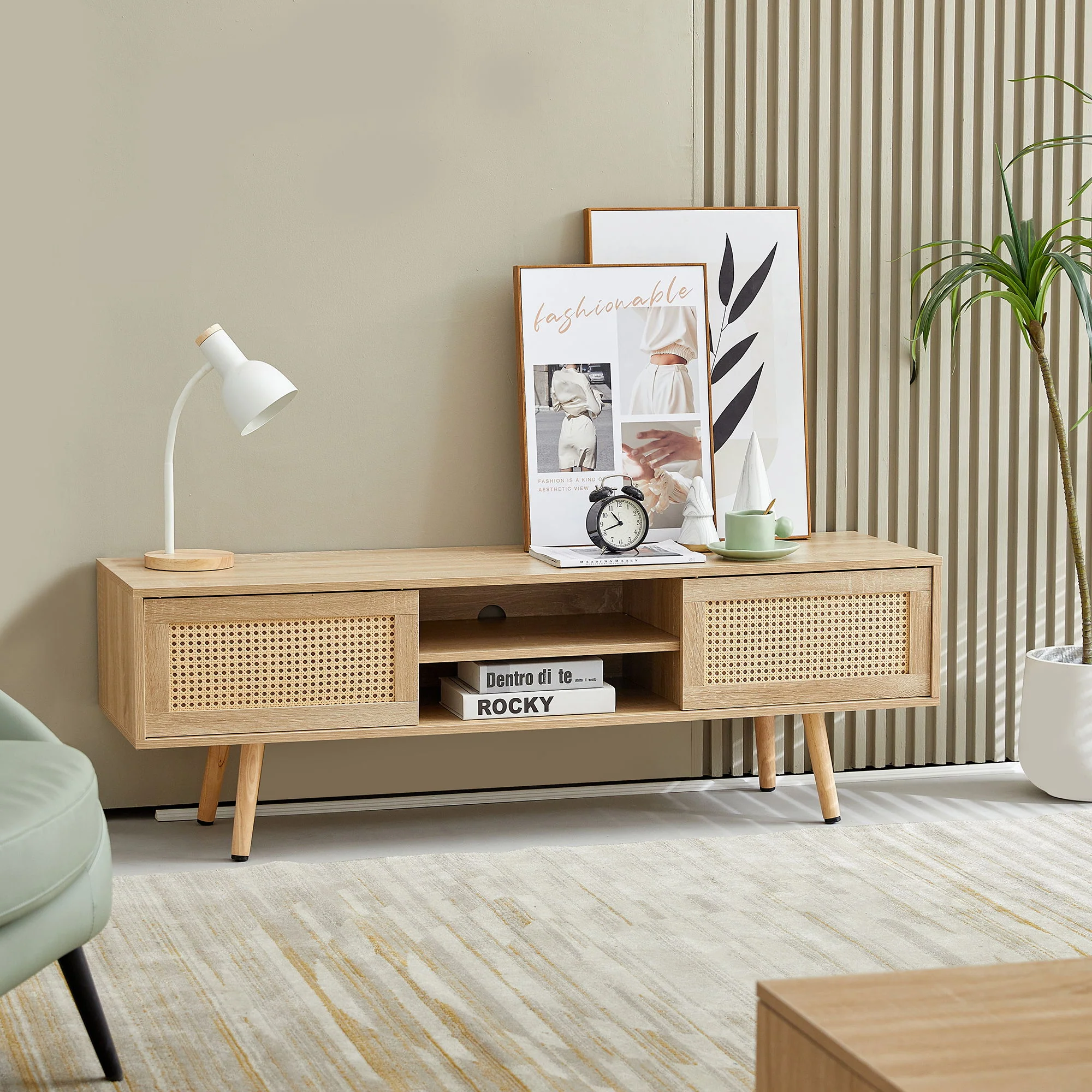 55.12" Rattan TV Cabinet, Double Sliding Doors For Storage, Adjustable Shelf, Solid Wood Legs, TV Console For Living Room - Image 8