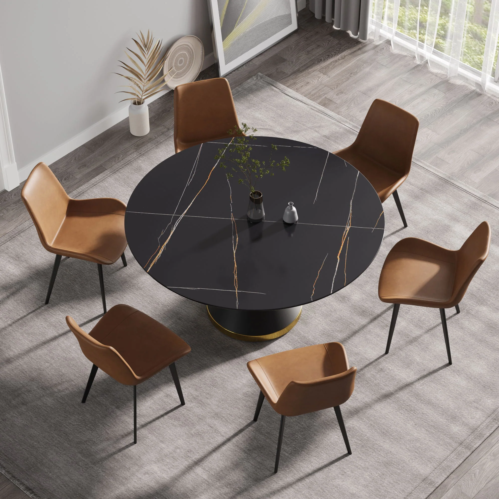 59.05" Modern Artificial Stone Round Black Carbon Steel Base Dining Table, Can Accommodate 6 People - Black - Image 2