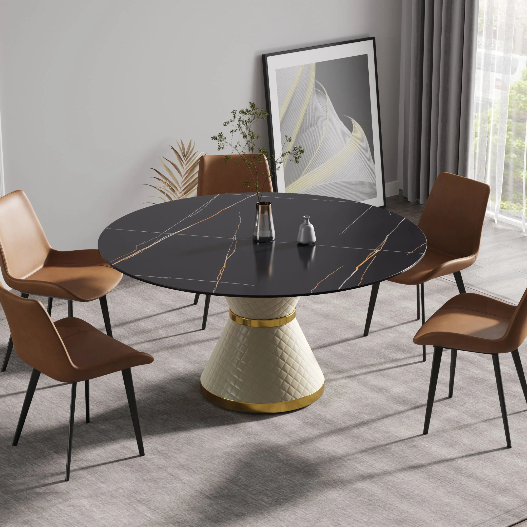 59.05" Modern Artificial Stone Round Carbon Steel Base Dining Table, Can Accommodate 6 People - Black / White - Image 3