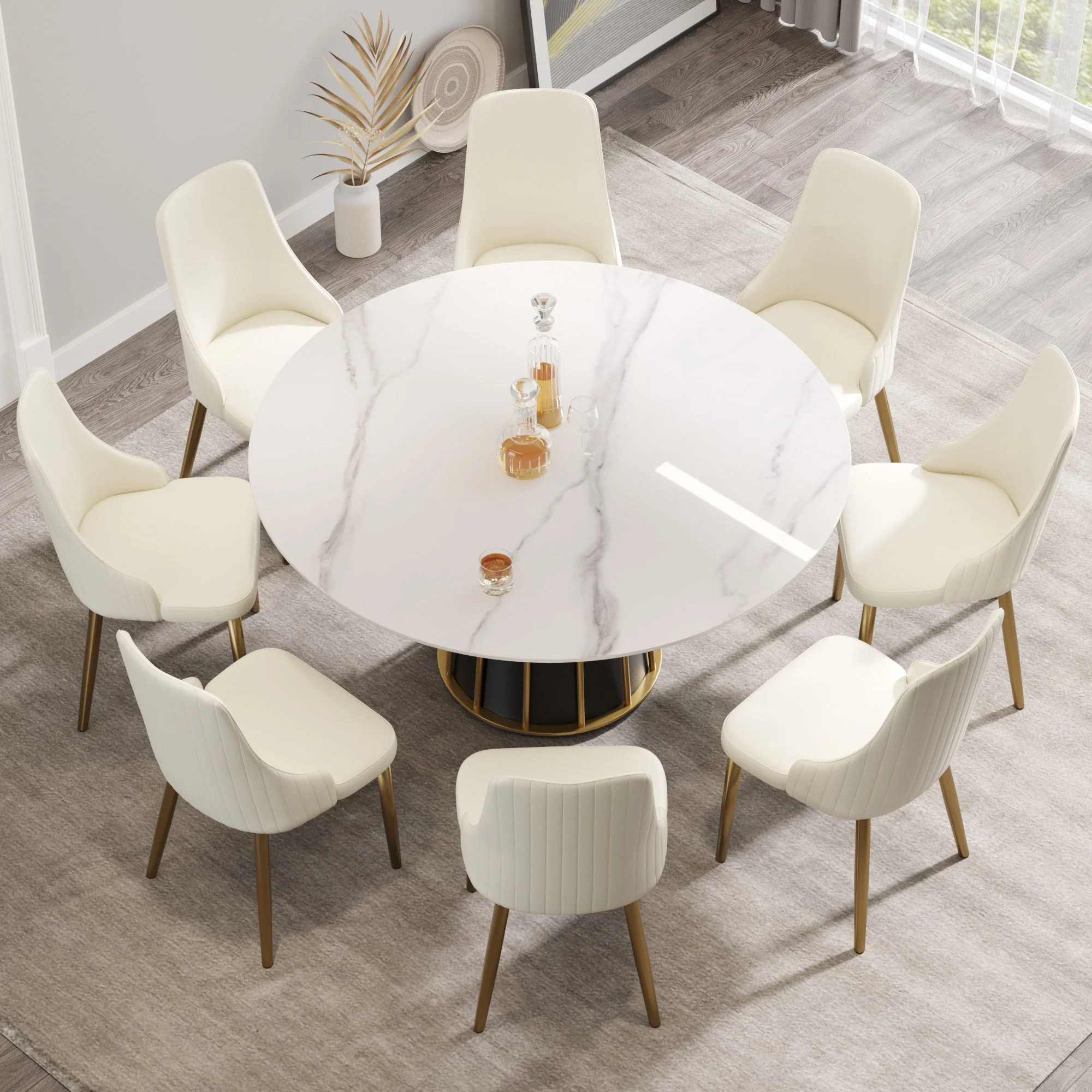 59.05" Modern Artificial Stone Round Panel Metal Iron Base Dining Table, Can Accommodate 8 People, (Not Including Chairs) - White / Black - Image 2