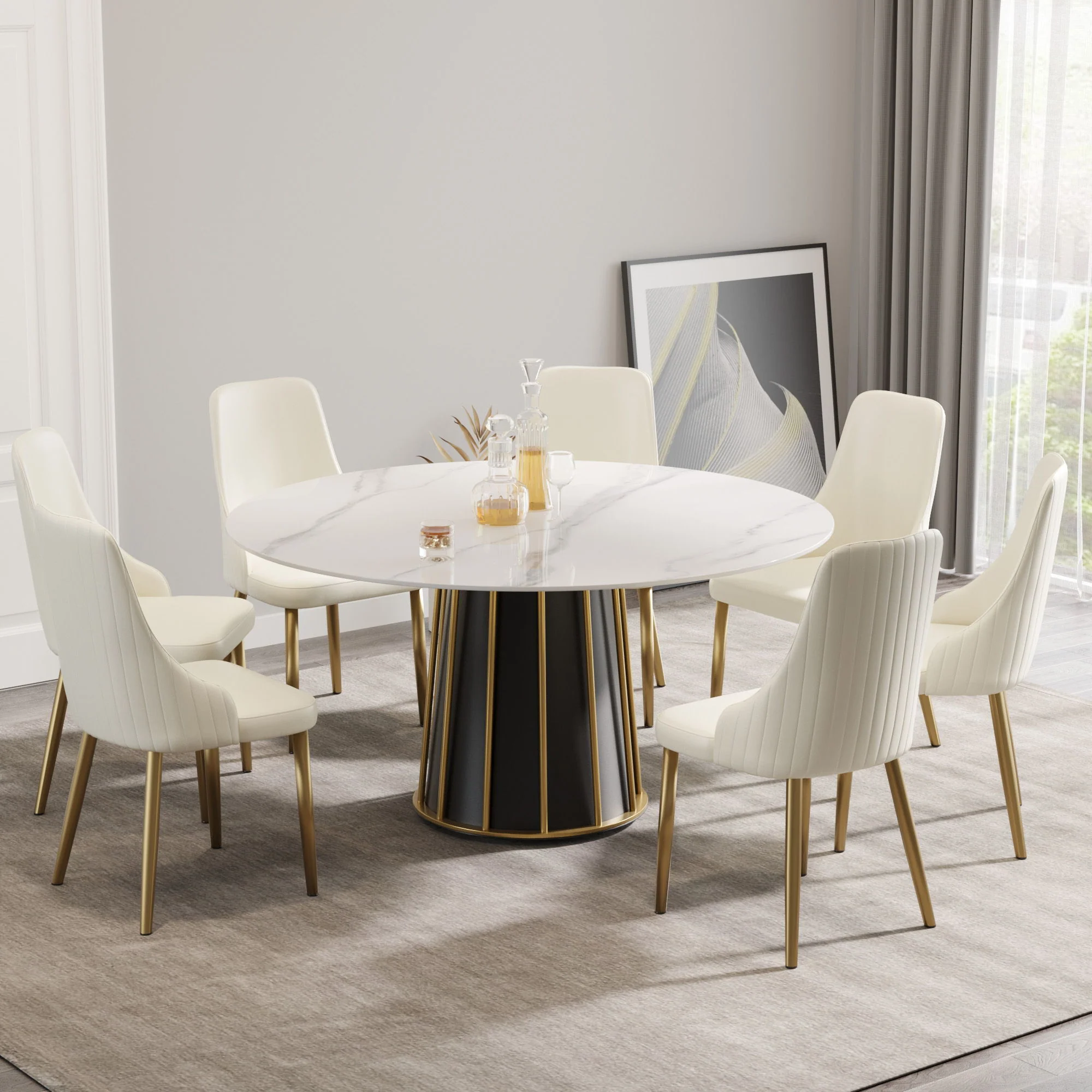59.05" Modern Artificial Stone Round Panel Metal Iron Base Dining Table, Can Accommodate 8 People, (Not Including Chairs) - White / Black - Image 4
