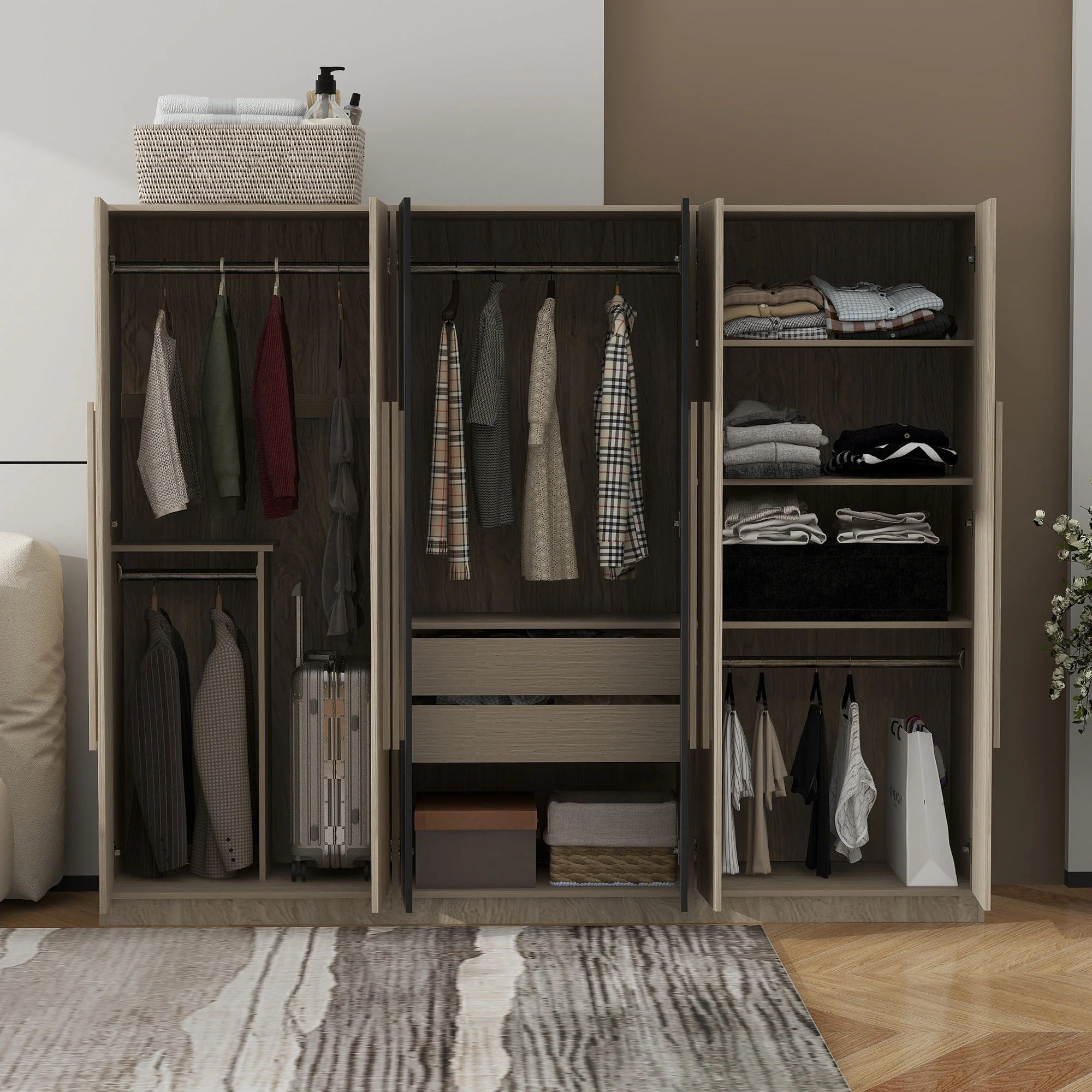 6 Doors Wardrobe Storage For Bedroom, With 2 Drawers Inside - Black / Nature - Image 3