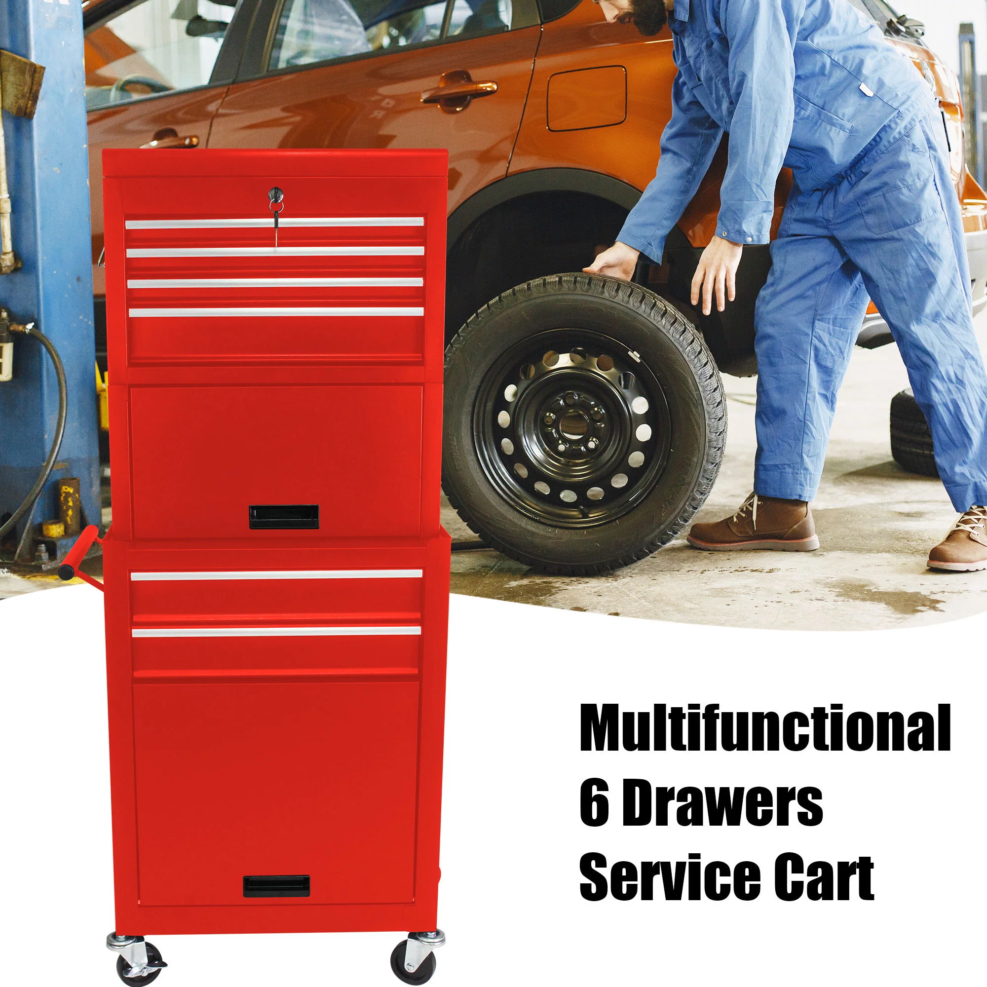 6 Drawer Lockable Tool Cabinet On Wheels, Steel Rolling Tool Chest With Detachable Toolbox - Image 8