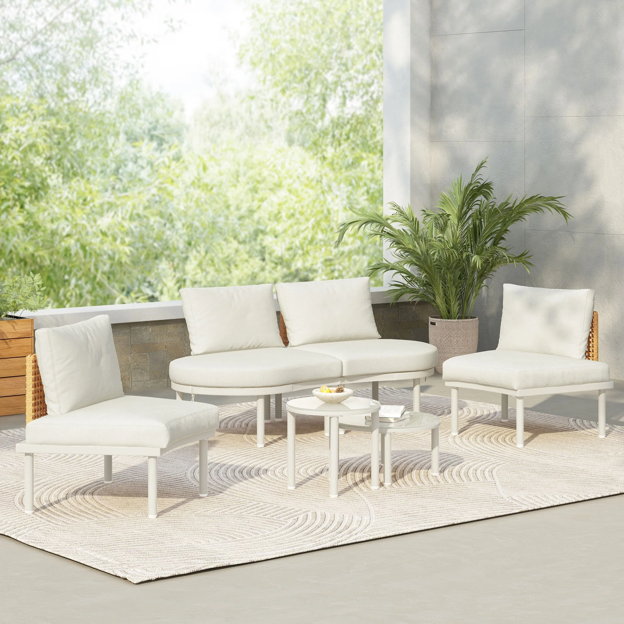 6 Piece Patio Set, Half Moon Outdoor Sectional Sofa With 2 High Low Coffee Tables, 4 Pillows & Cushions - Image 4