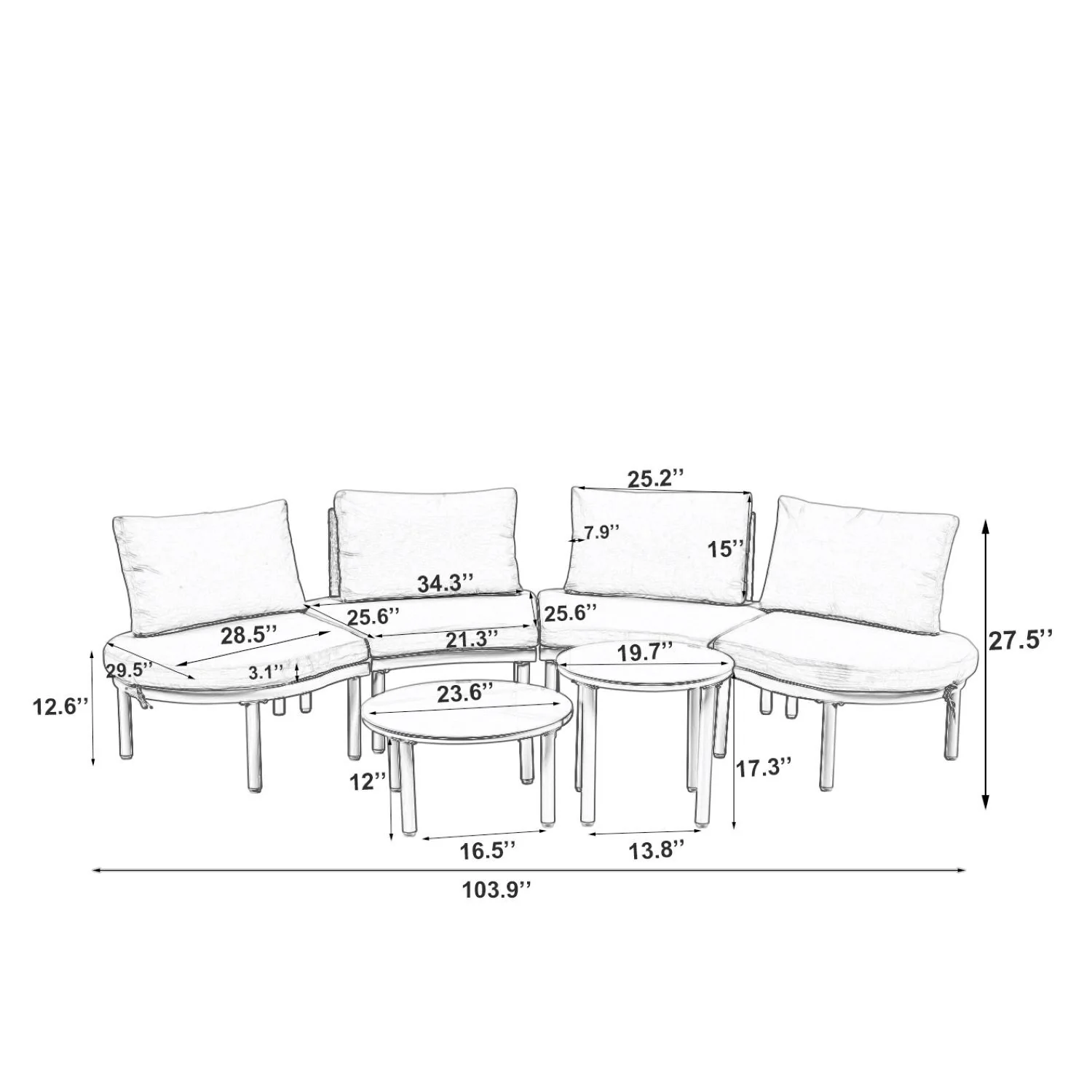 6 Piece Patio Set, Half Moon Outdoor Sectional Sofa With 2 High Low Coffee Tables, 4 Pillows & Cushions - Image 5