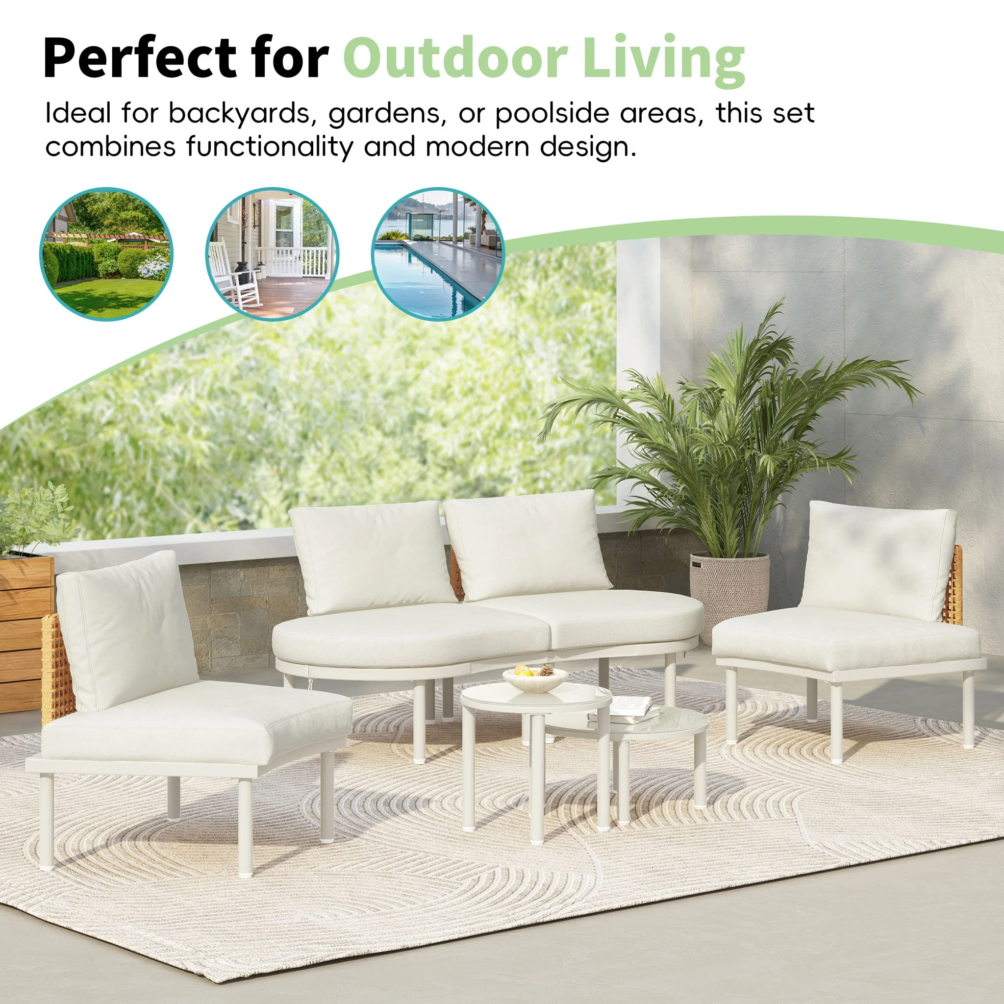 6 Piece Patio Set, Half Moon Outdoor Sectional Sofa With 2 High Low Coffee Tables, 4 Pillows & Cushions - Image 7