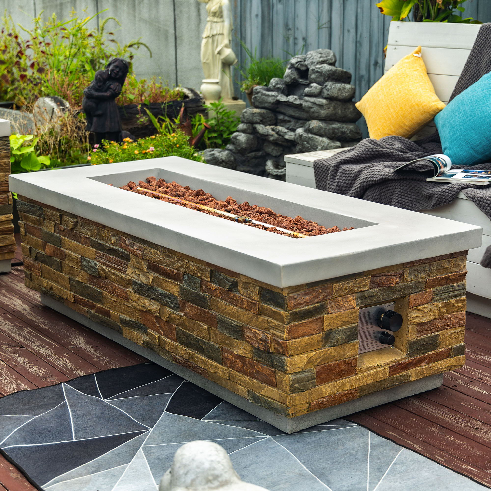 60" Propane Gas Fire Pit Table, 60000 Btu Rectangular Concrete Fire Pit For Outside Patio Deck Garden Backyard - Sandstone - Image 3