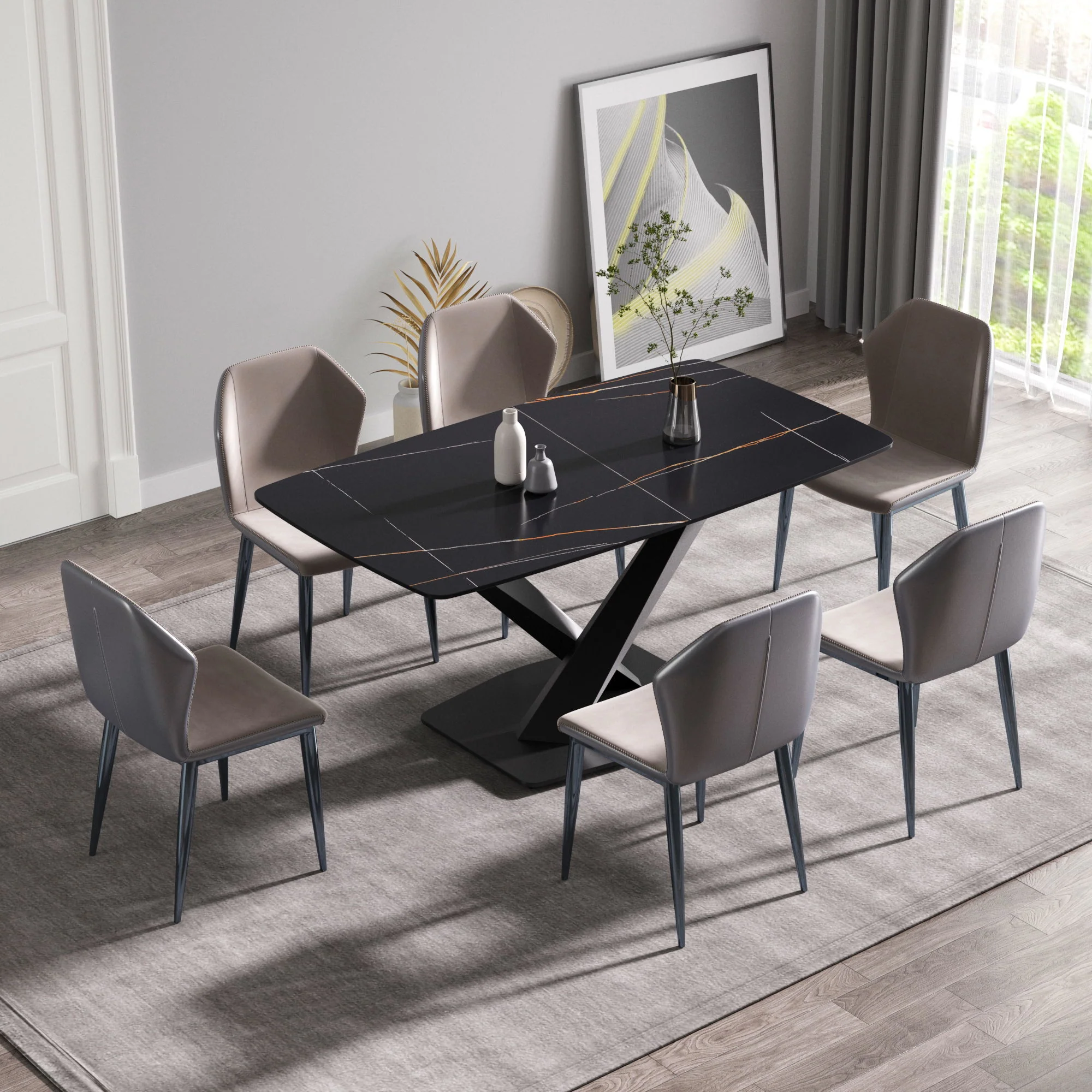 63" Artificial Stone Black Curved Black Metal Leg Dining Table - Black - Image 3