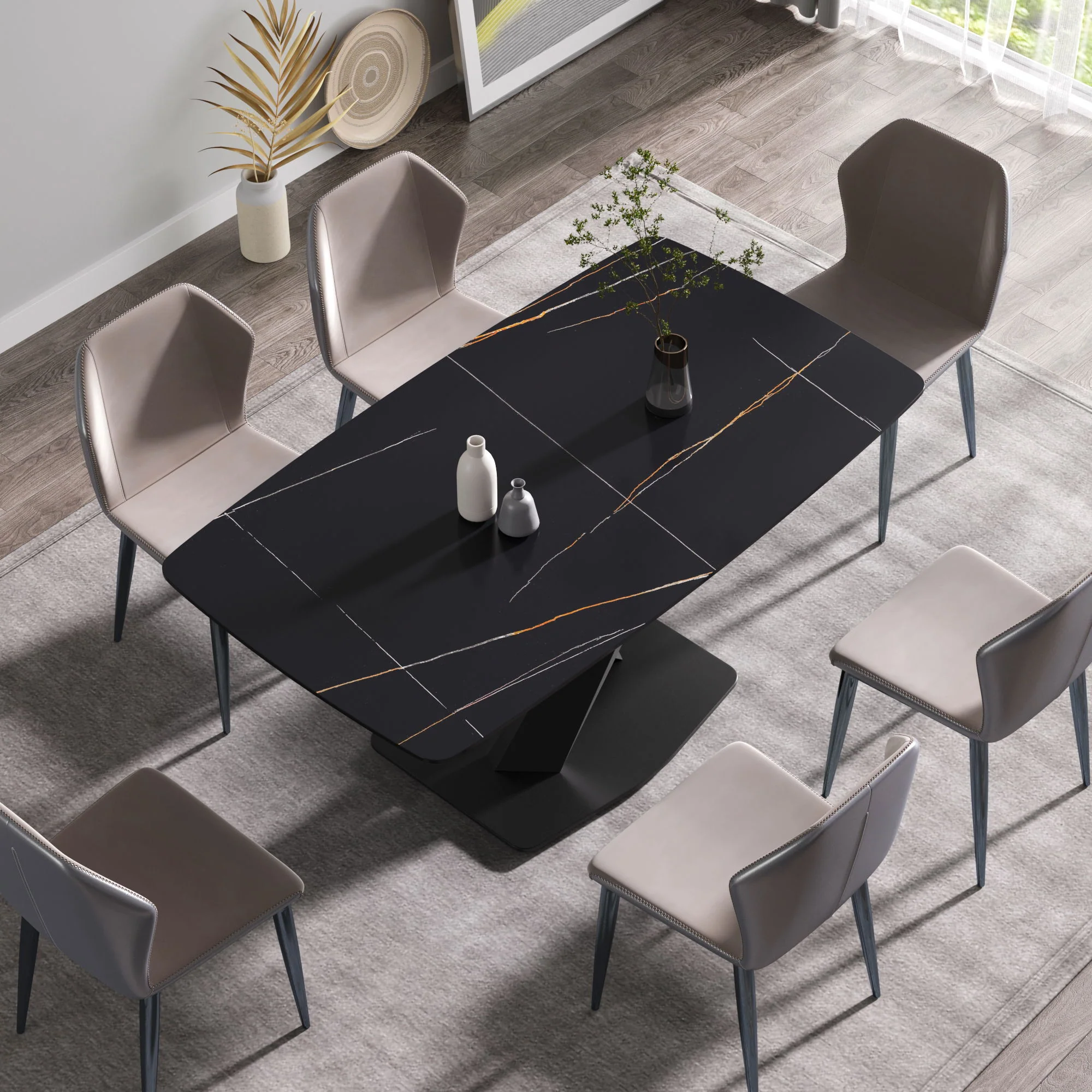 63" Artificial Stone Black Curved Black Metal Leg Dining Table - Black - Image 4