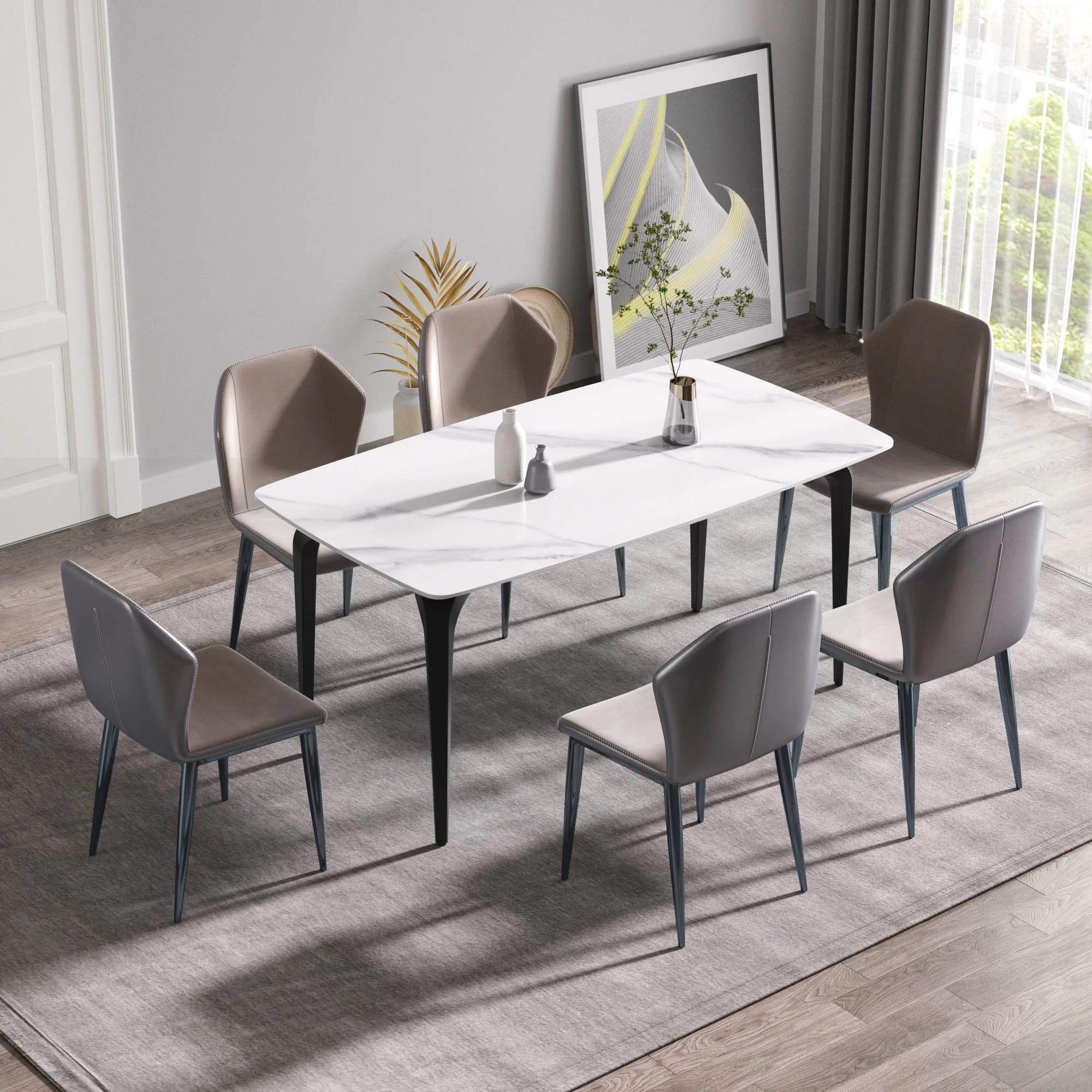 63" Modern Artificial Stone White Curved Black Metal Leg Dining Table, 6 People - White - Image 2