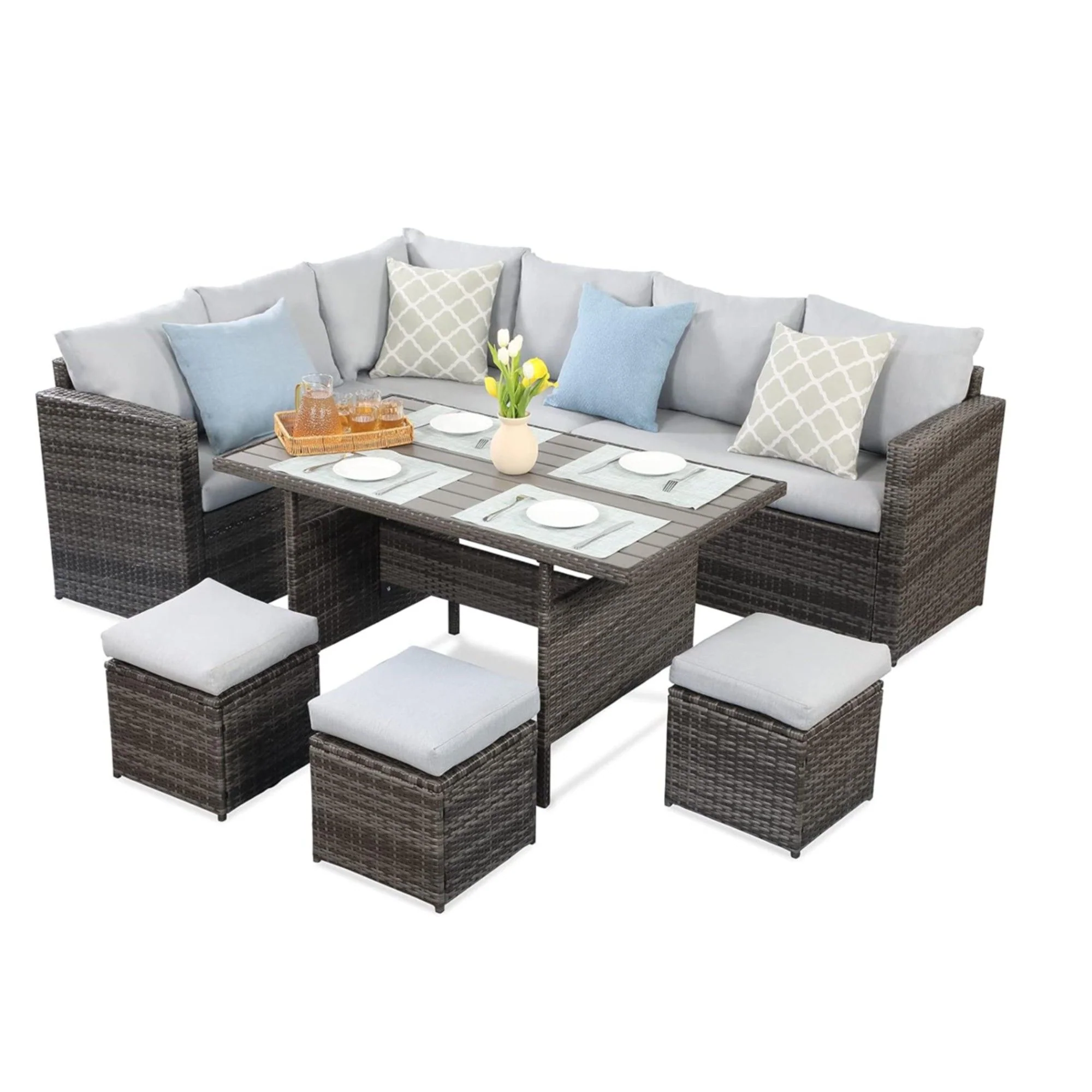 7 Piece All Weather Patio Dining Set With Cushions, Sectional Sofa, Ottomans & Table For Backyard - Gray / Brown - Image 3