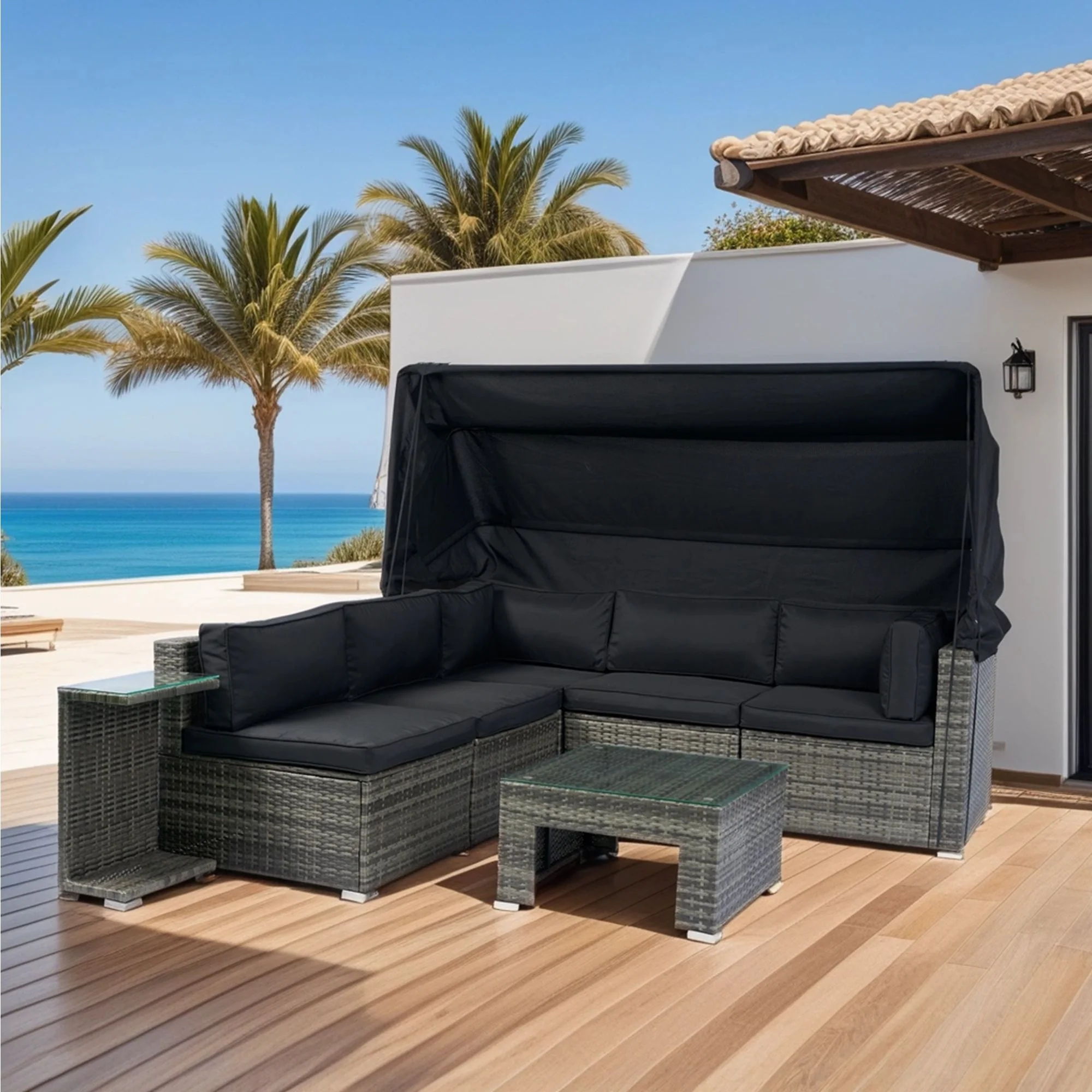 7 Piece Patio Furniture Set With Retractable Canopy Wicker Rattan Sectional Sofa Set Patio Furniture With Washable Cushions For Lawn, Garden, Backyard, Poolside Wicker And Cushion - Gray / Black - Image 3