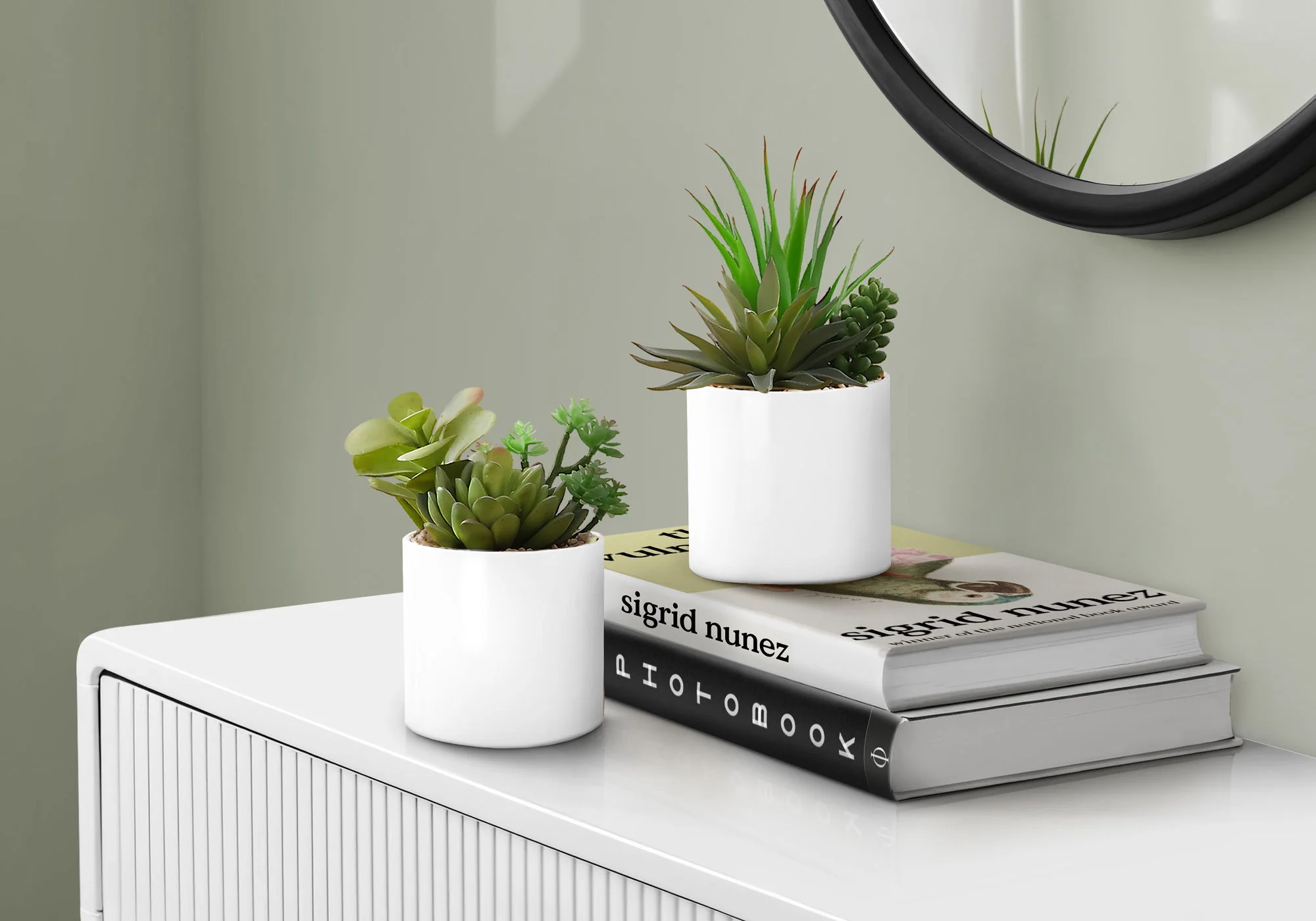 7" Tall, Artificial Plant, Succulent, Indoor, Faux, Fake, Table, Greenery, Potted, Decorative (Set of 2) - Green / White