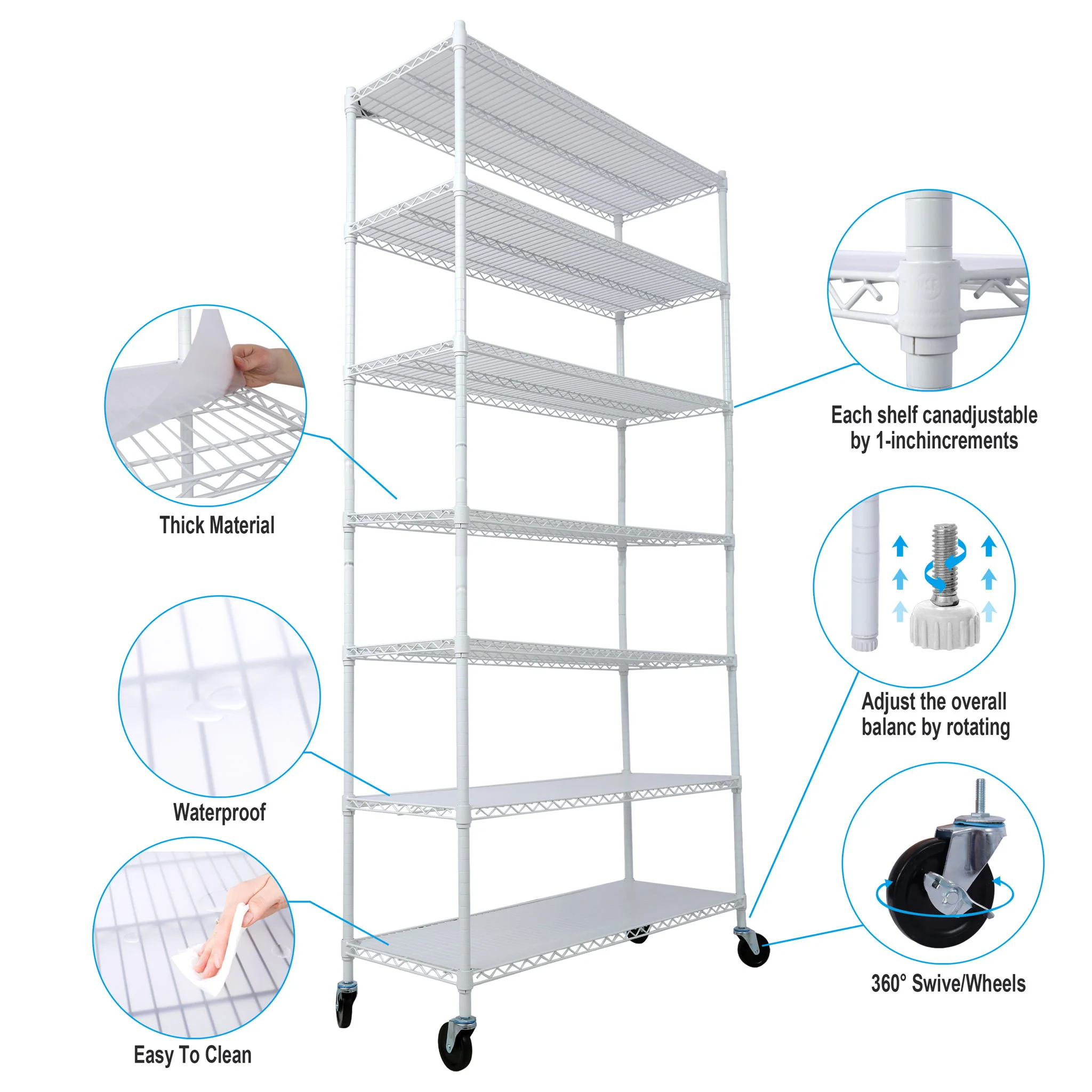 7 Tier Metal Shelf Wire Shelving Unit, 2450Lbs Heavy Duty Adjustable Storage Rack With Wheels & Shelf Liners For Closet Kitchen Garage Basement Commercial Shelving - Image 9