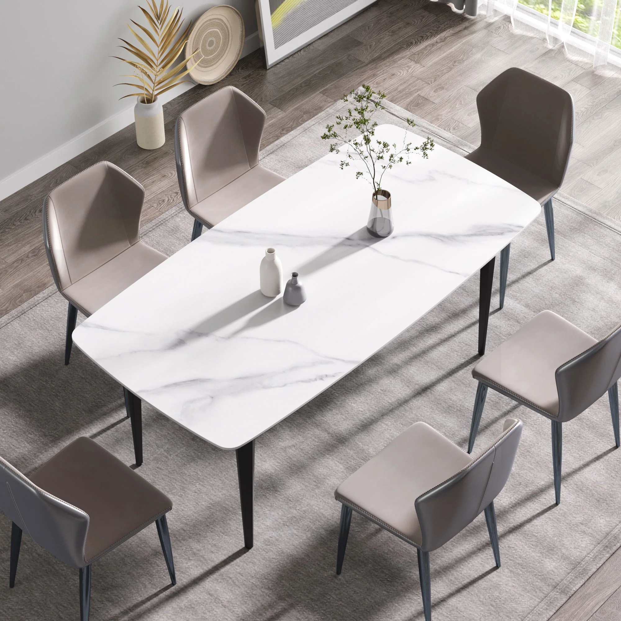 70.87" Modern Artificial Stone Curved Black Metal Leg Dining Table, Can Accommodate 6-8 People - White / Black - Image 2