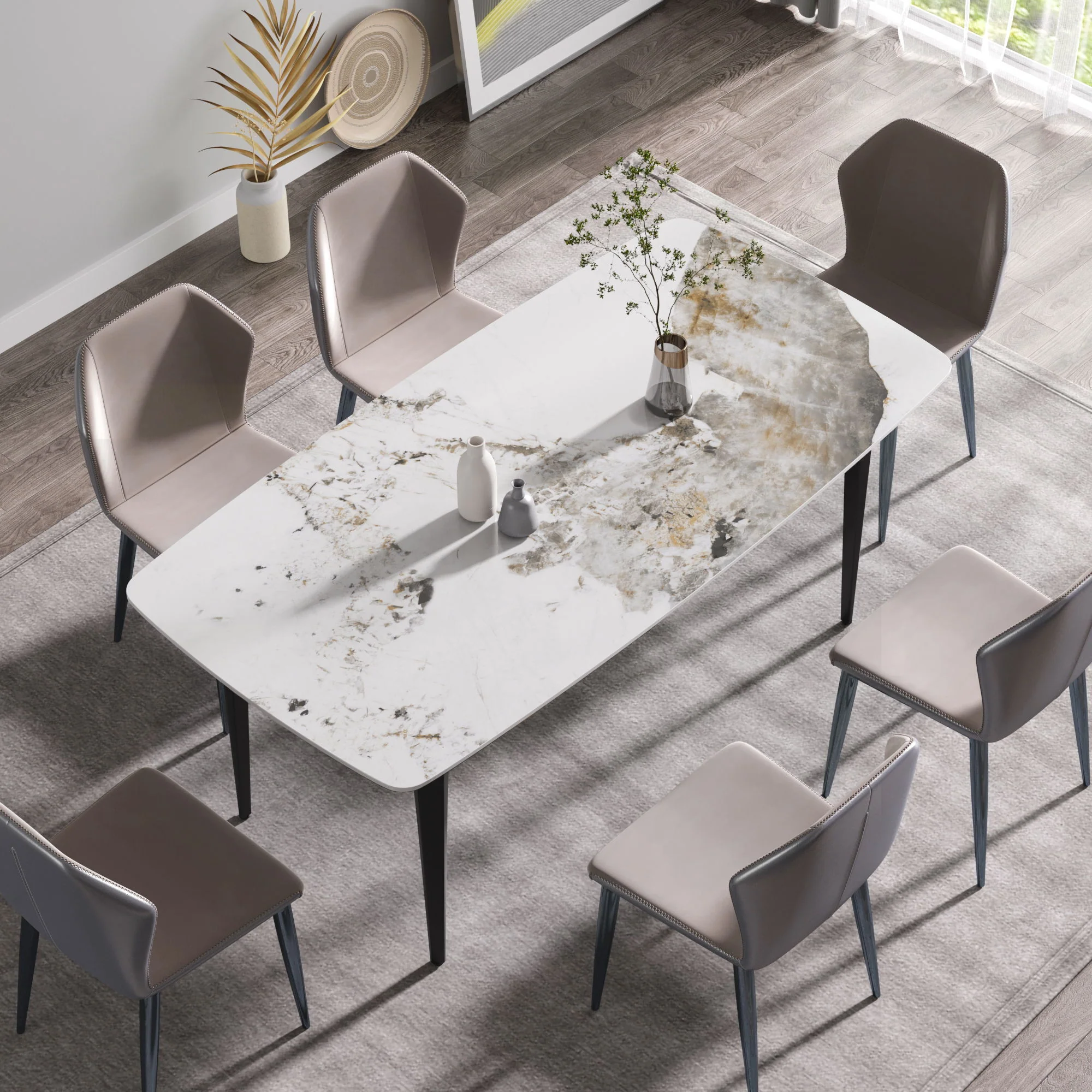 70.87" Modern Artificial Stone Pandora White Curved Black Metal Leg Dining Table - Antique White - Image 3