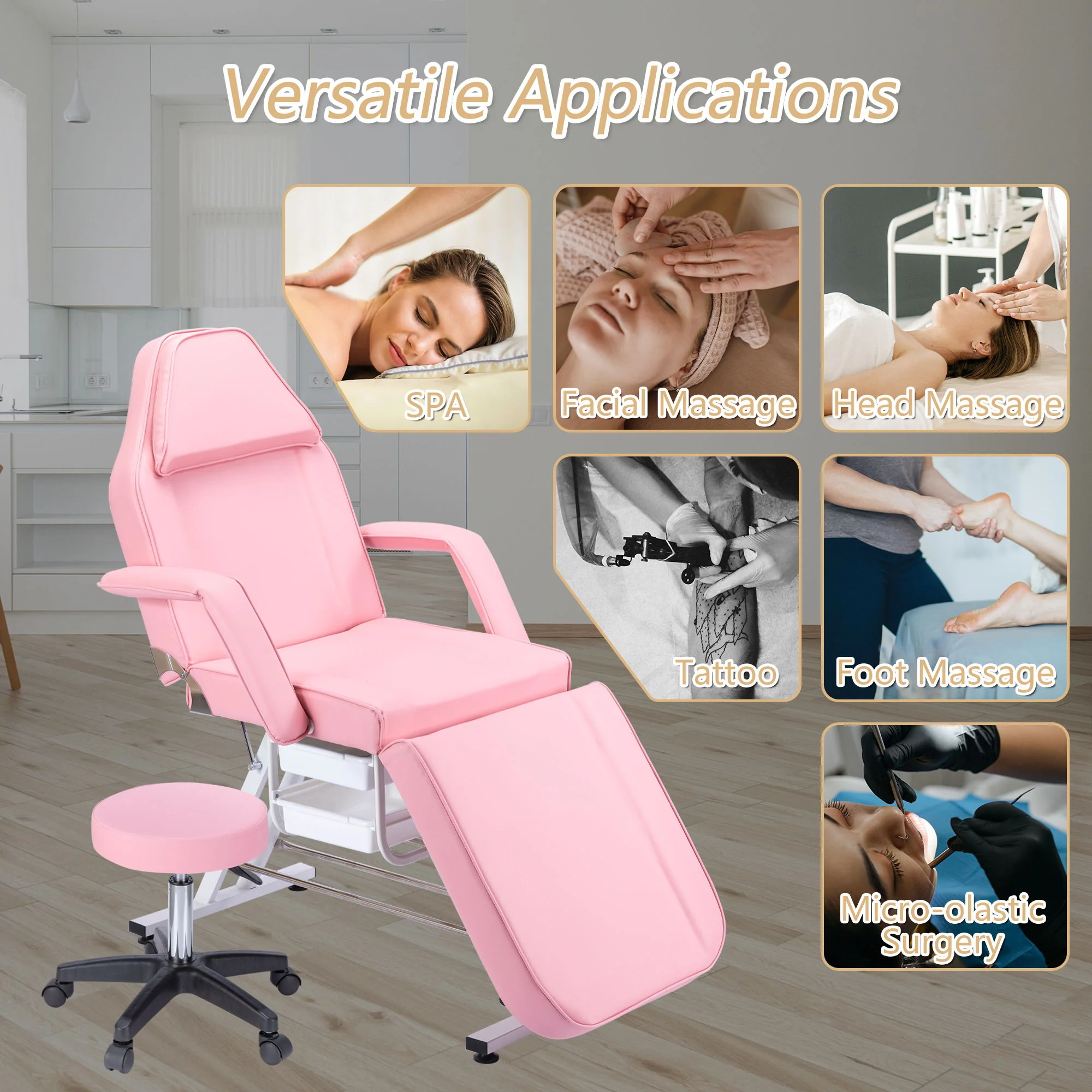 72.8" Massage Salon Tattoo Chair With Two Trays Esthetician Bed With Hydraulic Stool, Multi-Purpose 3-Section Facial Bed Table, Adjustable Beauty Barber Spa Beauty Equipment - Image 5