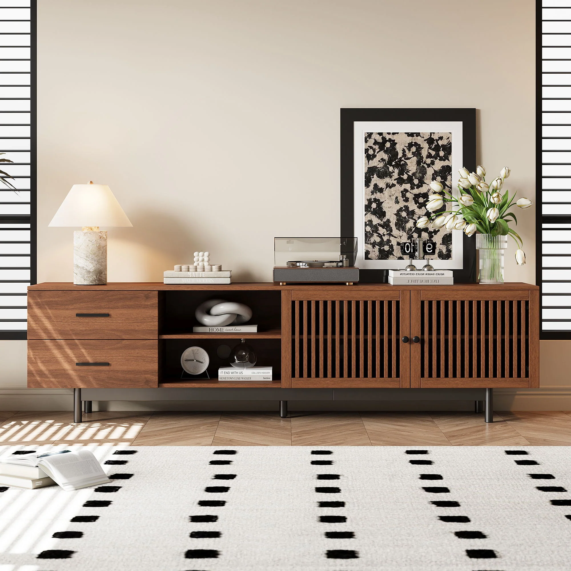 78" TV Stand For TVs Up To 85" Entertainment Center With Deep Drawers & Cable Management, Soft Closing Hinges - Walnut - Image 2