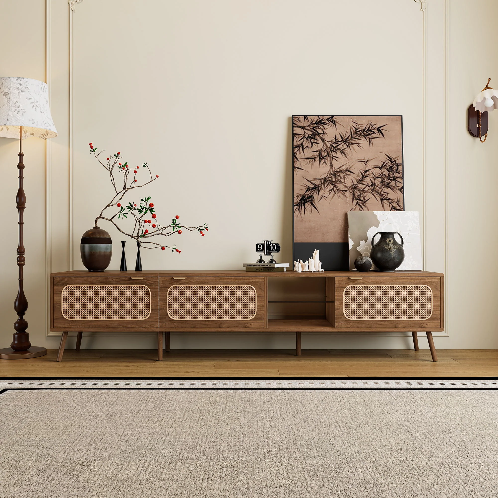 78" TV Stand With Ample Storage And Open Shelving - Walnut - Image 2