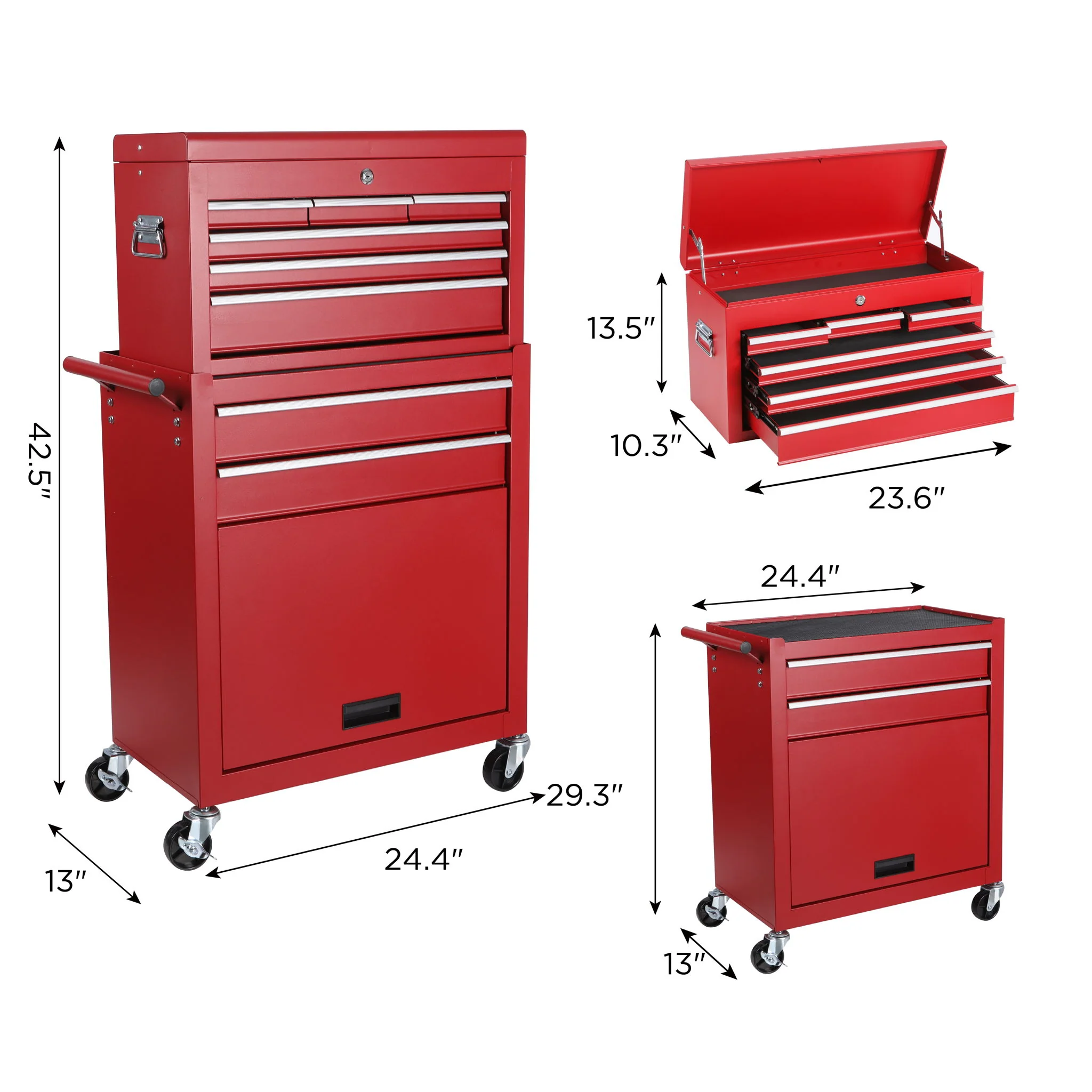 8 Drawer Rolling Tool Chest With 2 In 1 Detachable Top Box, Lockable Wheels - Image 4
