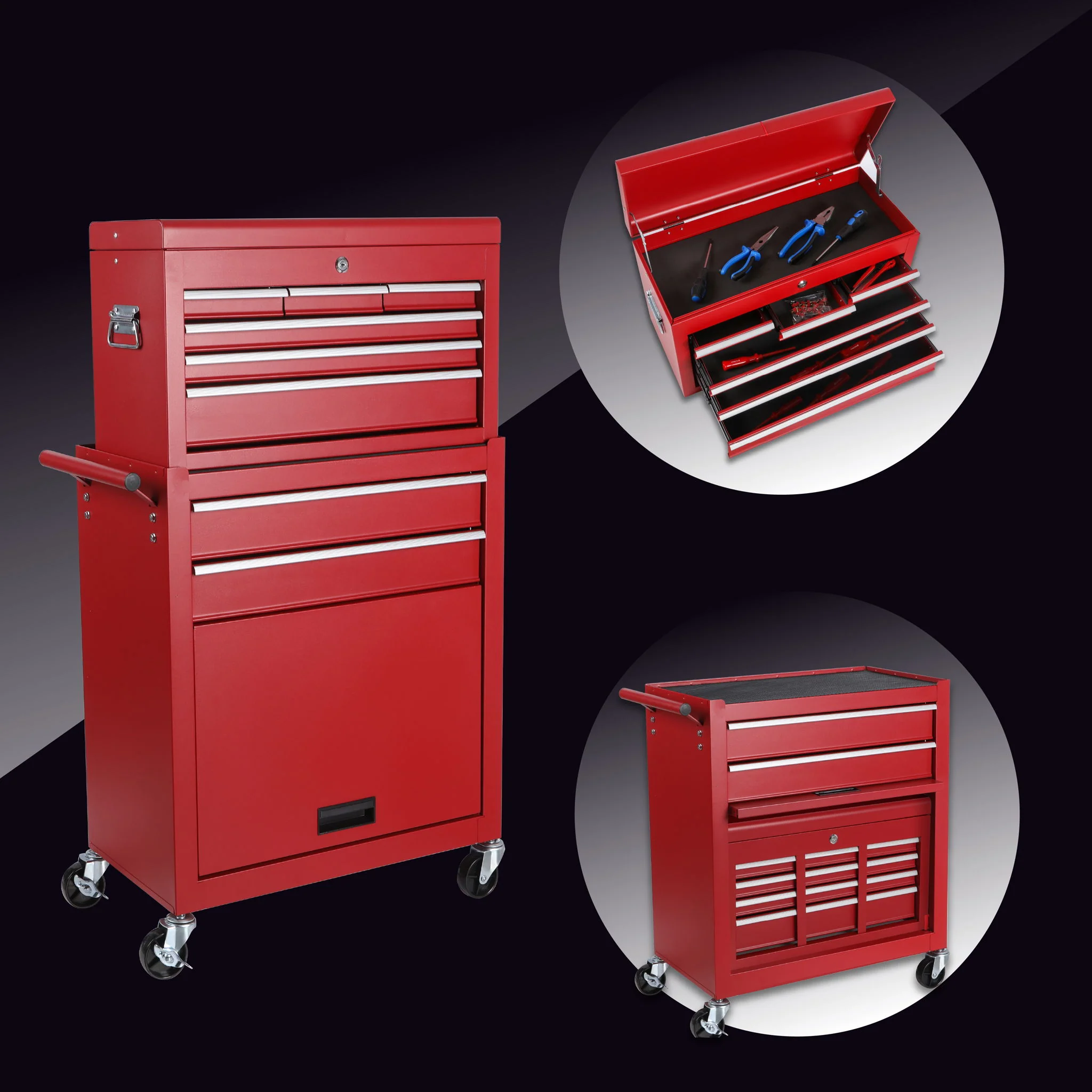 8 Drawer Rolling Tool Chest With 2 In 1 Detachable Top Box, Lockable Wheels - Image 6