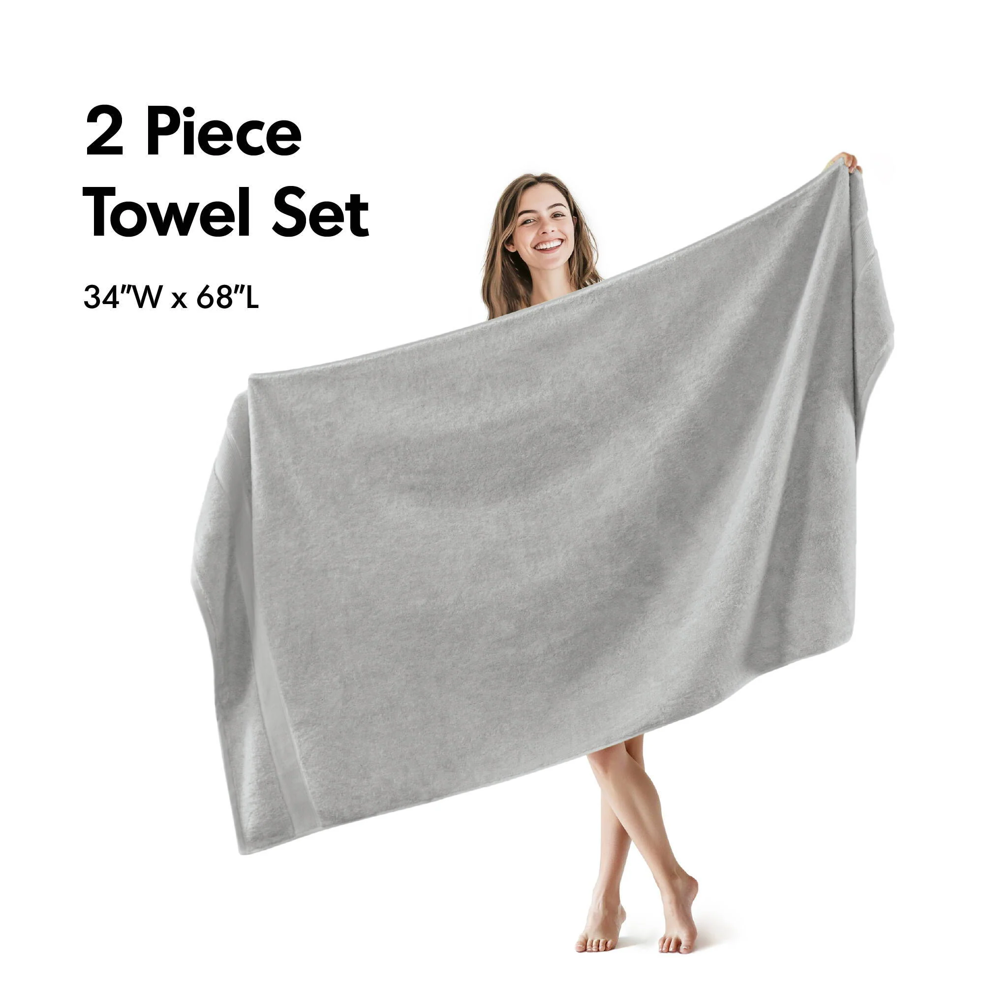 800GSM - 2 Piece Set Bath Sheet Antimicrobial - Silver - Image 2