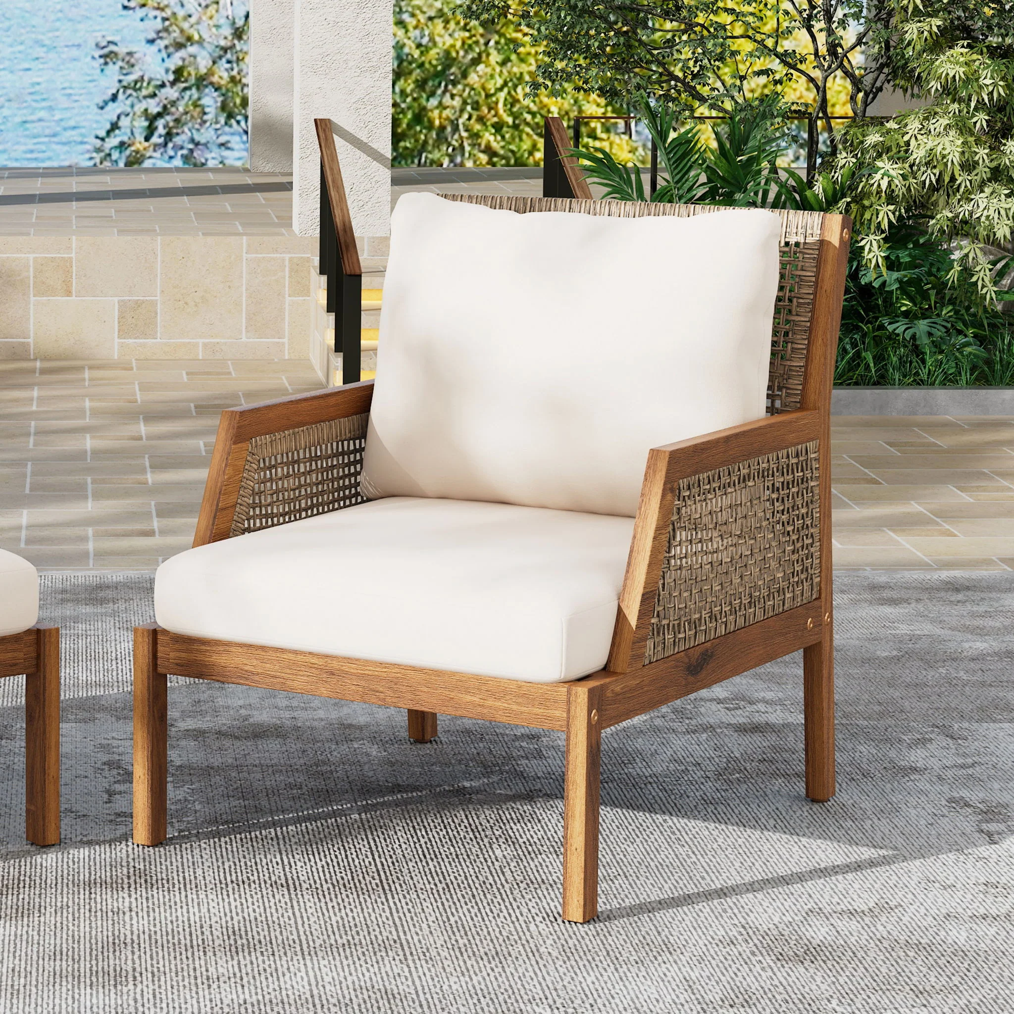 Acacia Wood Patio Furniture Club Chair, Outdoor Wicker Armchair, Deep Seating With Soft Cushions For Porch - Teak / Mix Brown - Image 4