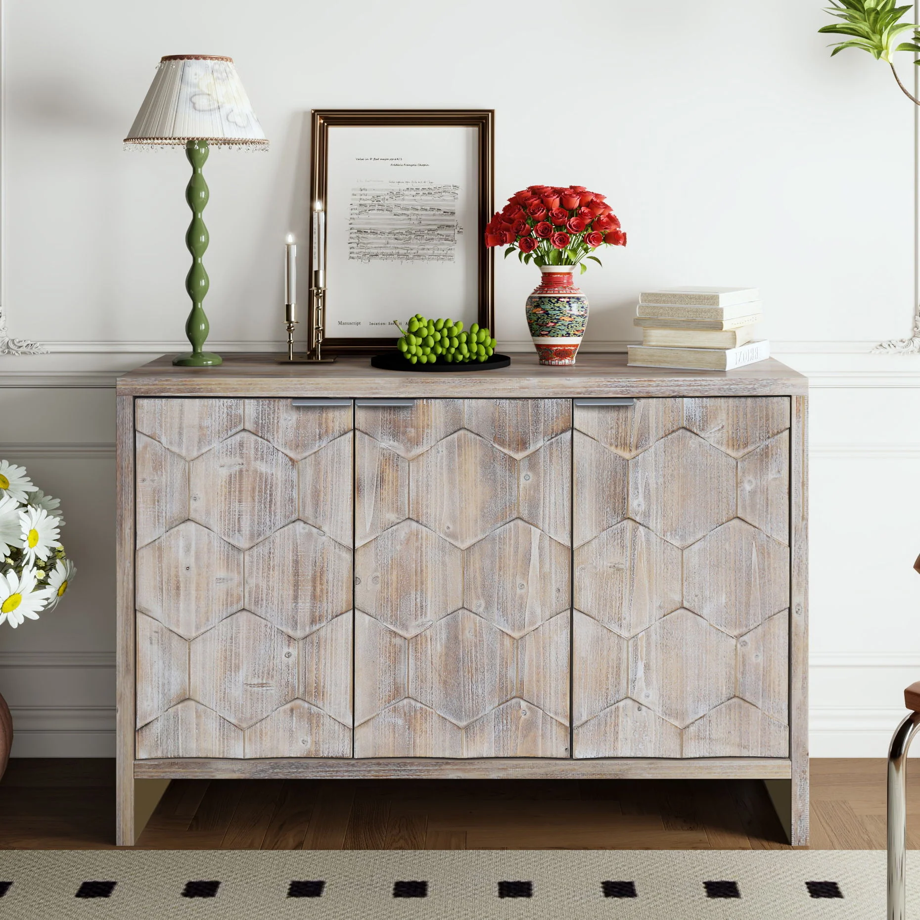 Accent Cabinet Farmhouse Style 4 Door Wooden Cabinet Sideboard Buffet Server Cabinet Storage Cabinet, For Living Room, Entryway, Hallway, Office, Kitchen And Dining Room - Image 2