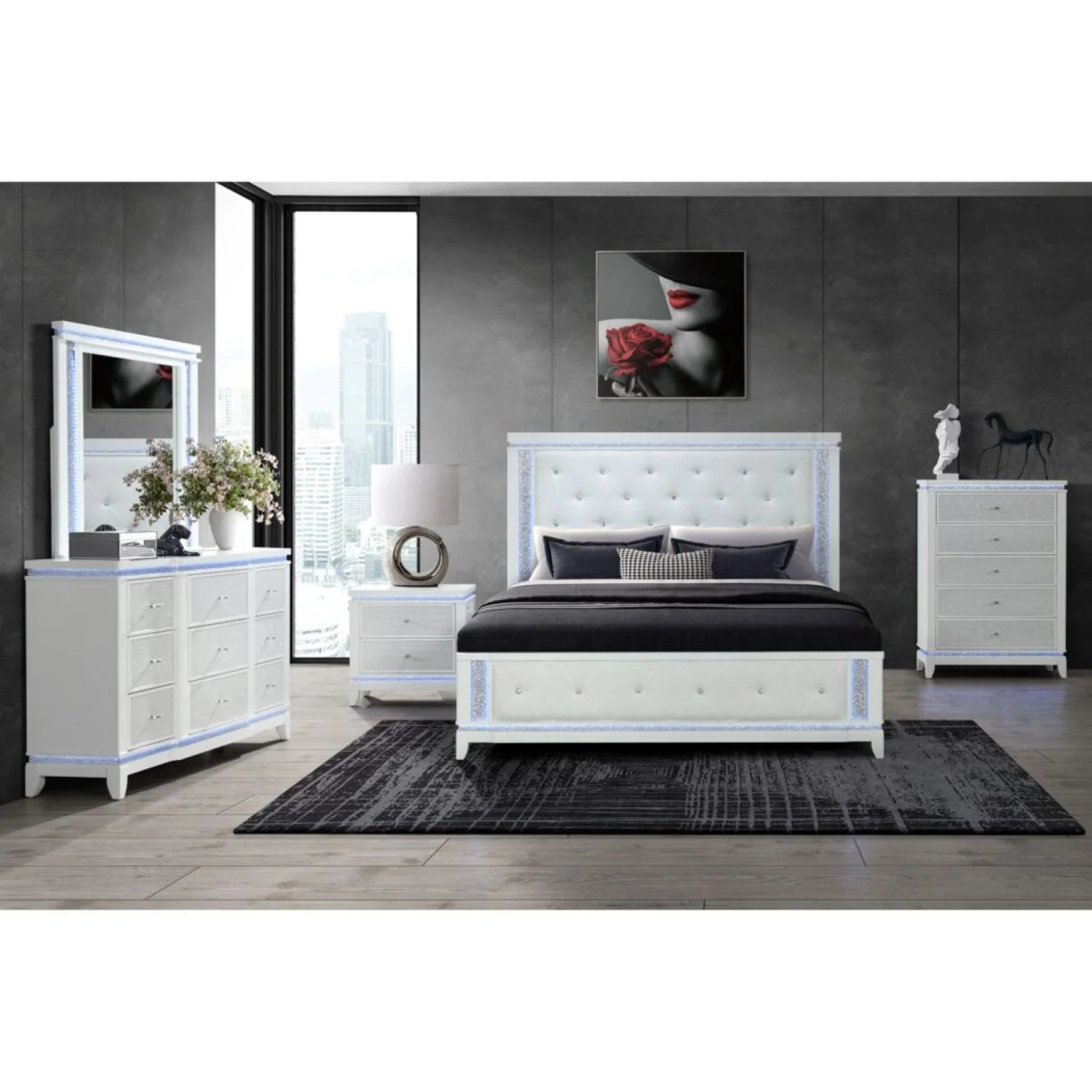Adalid - Square Shaped Mirror With LED Lighting And Glittered Detailing - White - Image 4