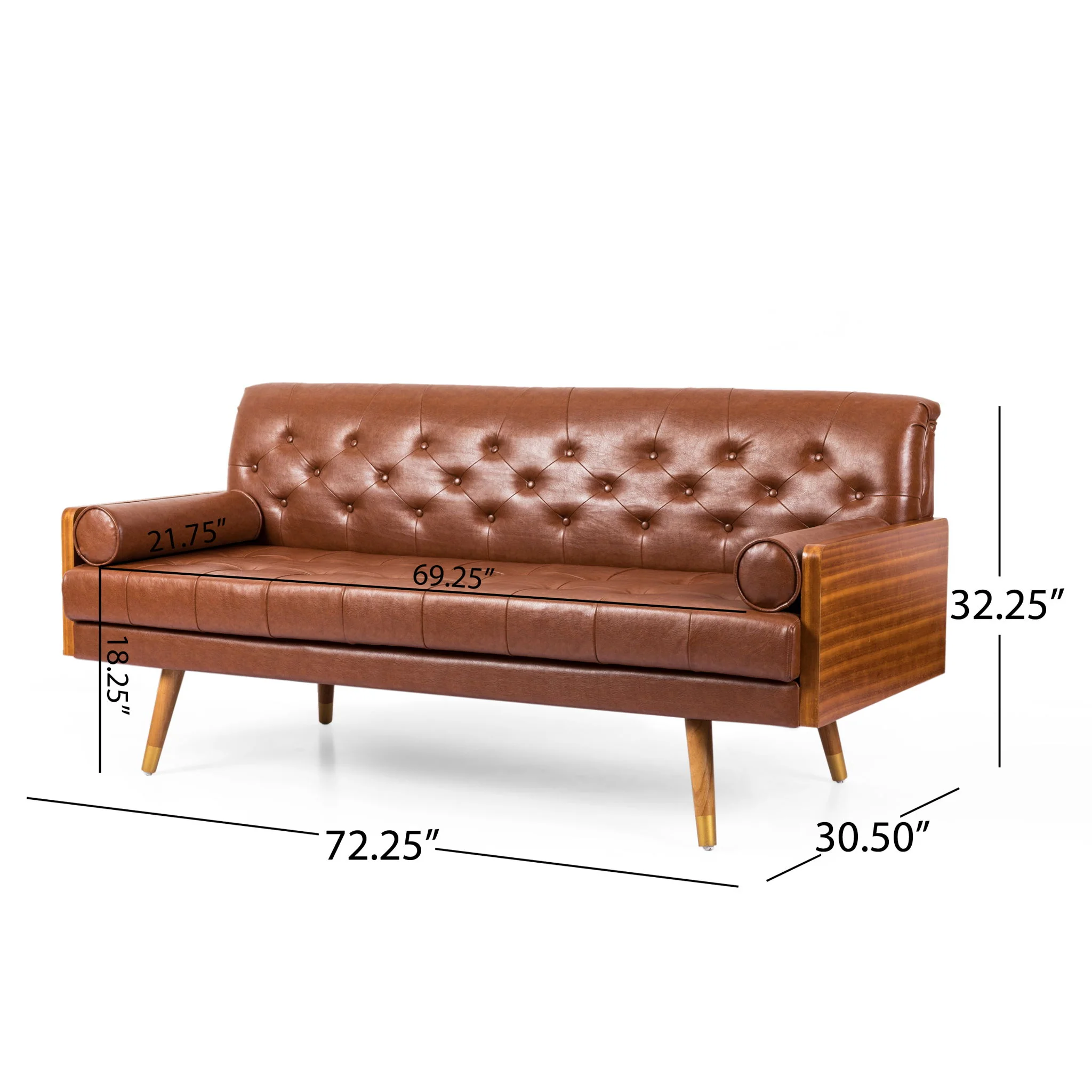 Adelaide - Mid Century Modern Tufted Sofa With Rolled Accent Pillows - Light Brown - Image 2
